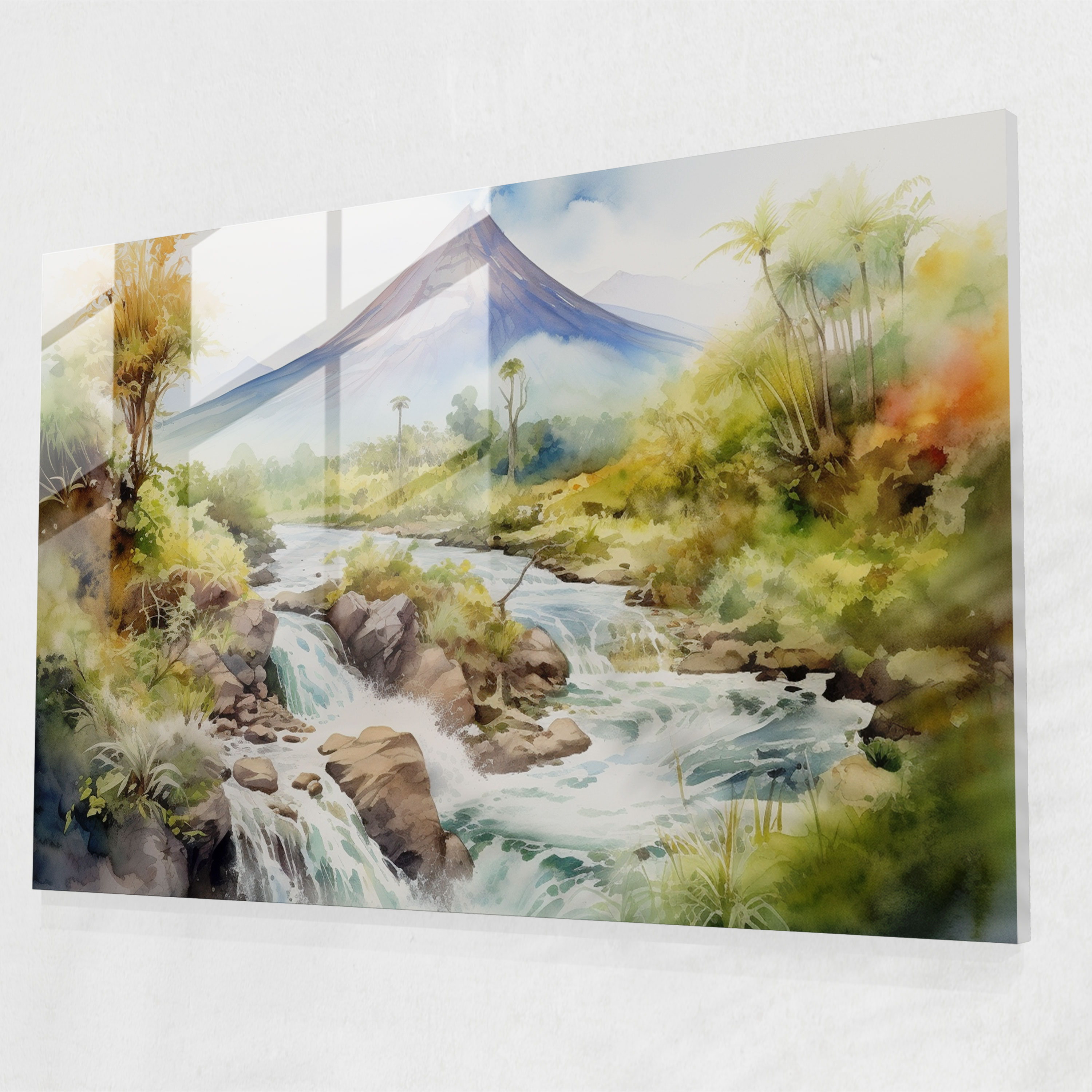 Tranquil Volcano Glass Print - Volcano, Wall Decoration, Glass Print, Lush Greenery