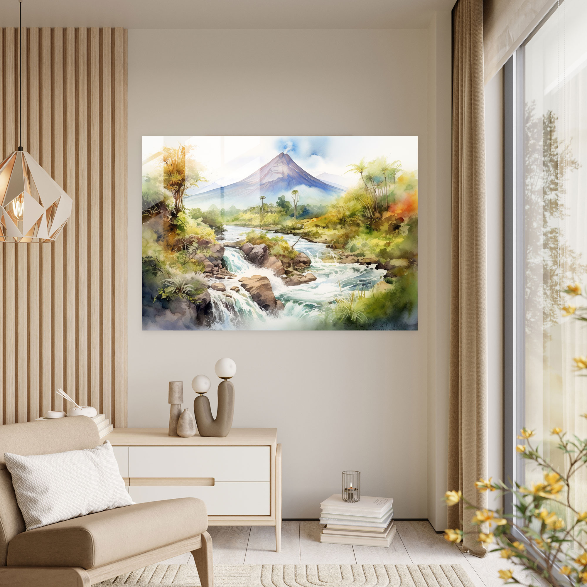 Tranquil Volcano Glass Print - Volcano, Wall Decoration, Glass Print, Lush Greenery