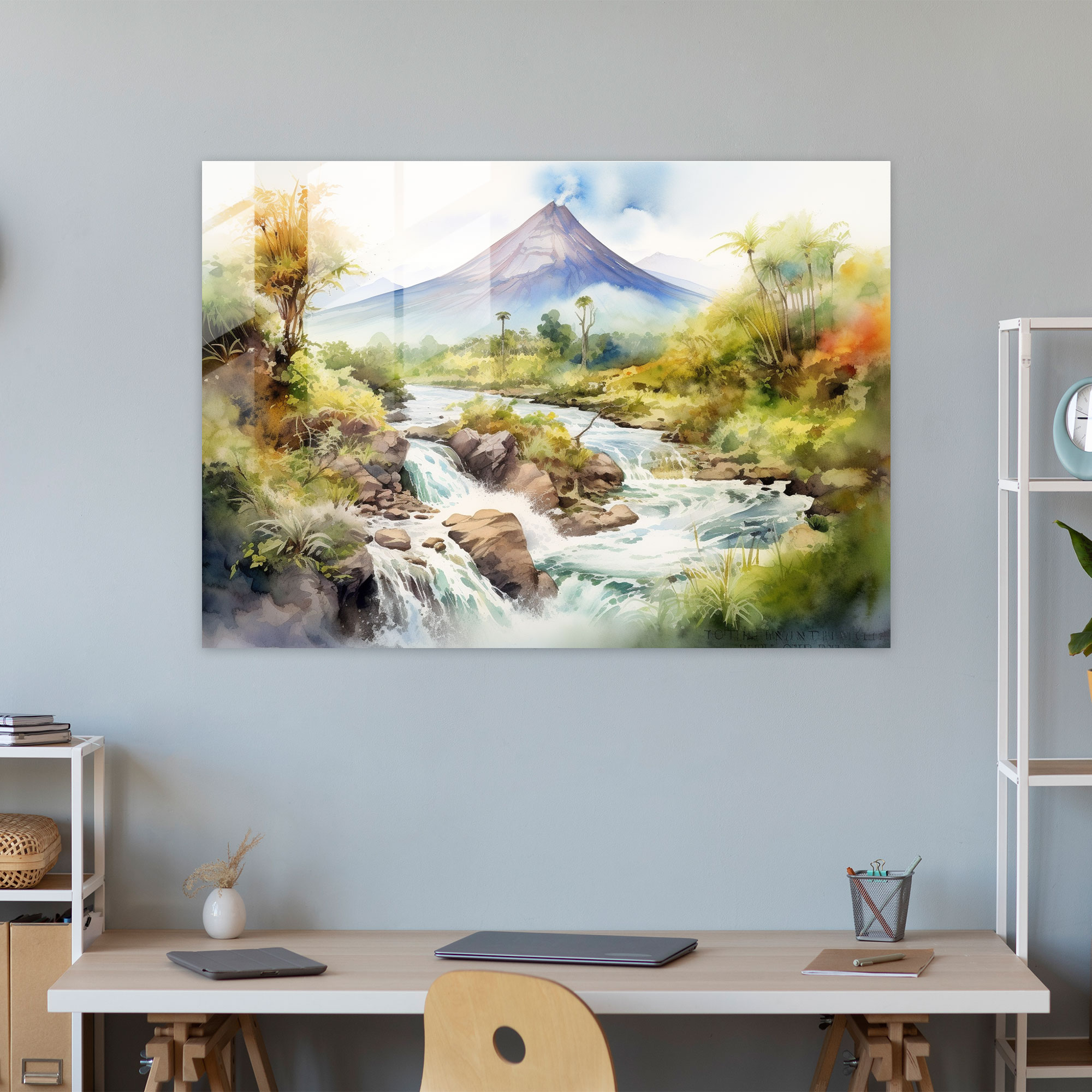 Tranquil Volcano Glass Print - Volcano, Wall Decoration, Glass Print, Lush Greenery