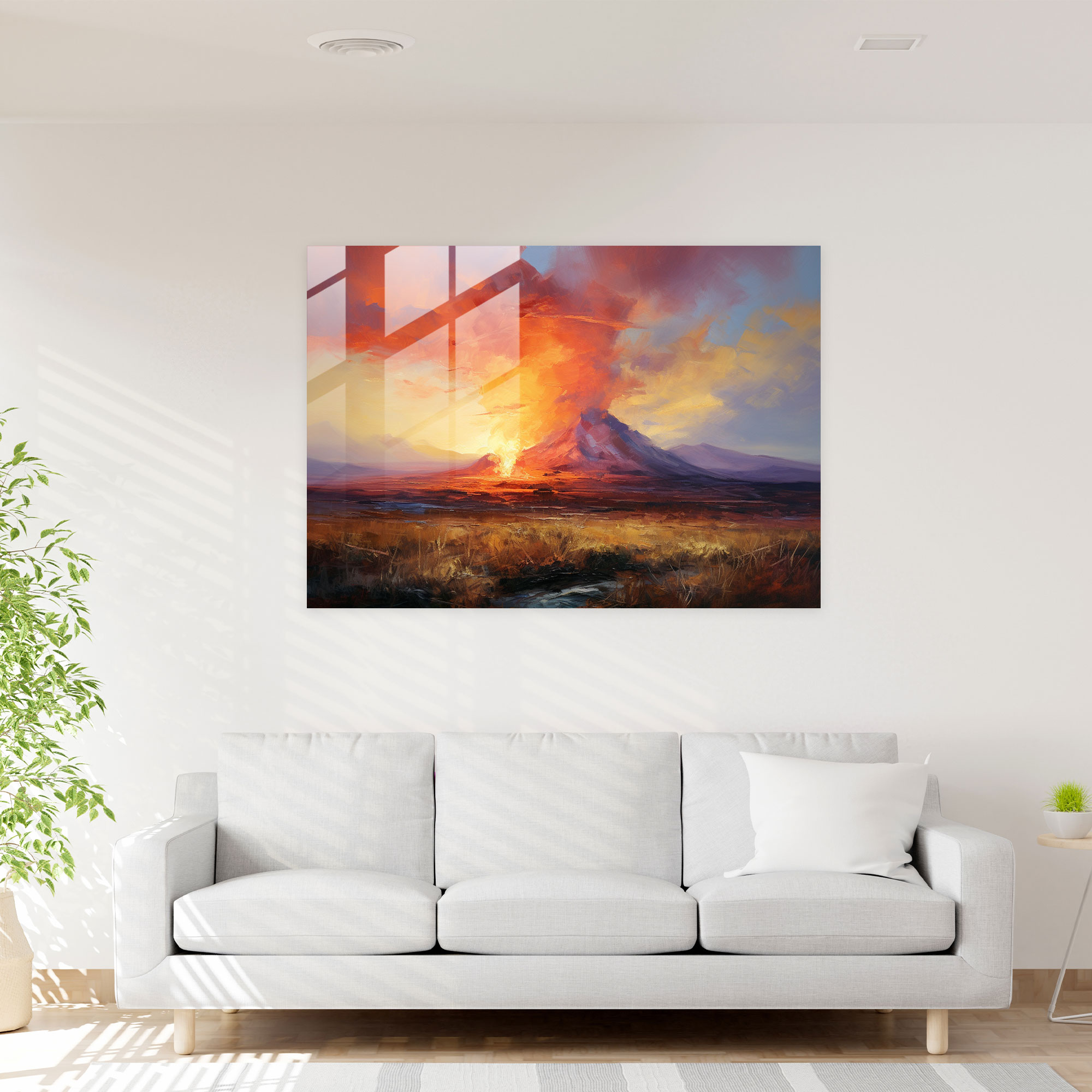 Sunset Volcano Glass Print - Volcano, Wall Decoration, Home Decoration, Volcano At Sunset