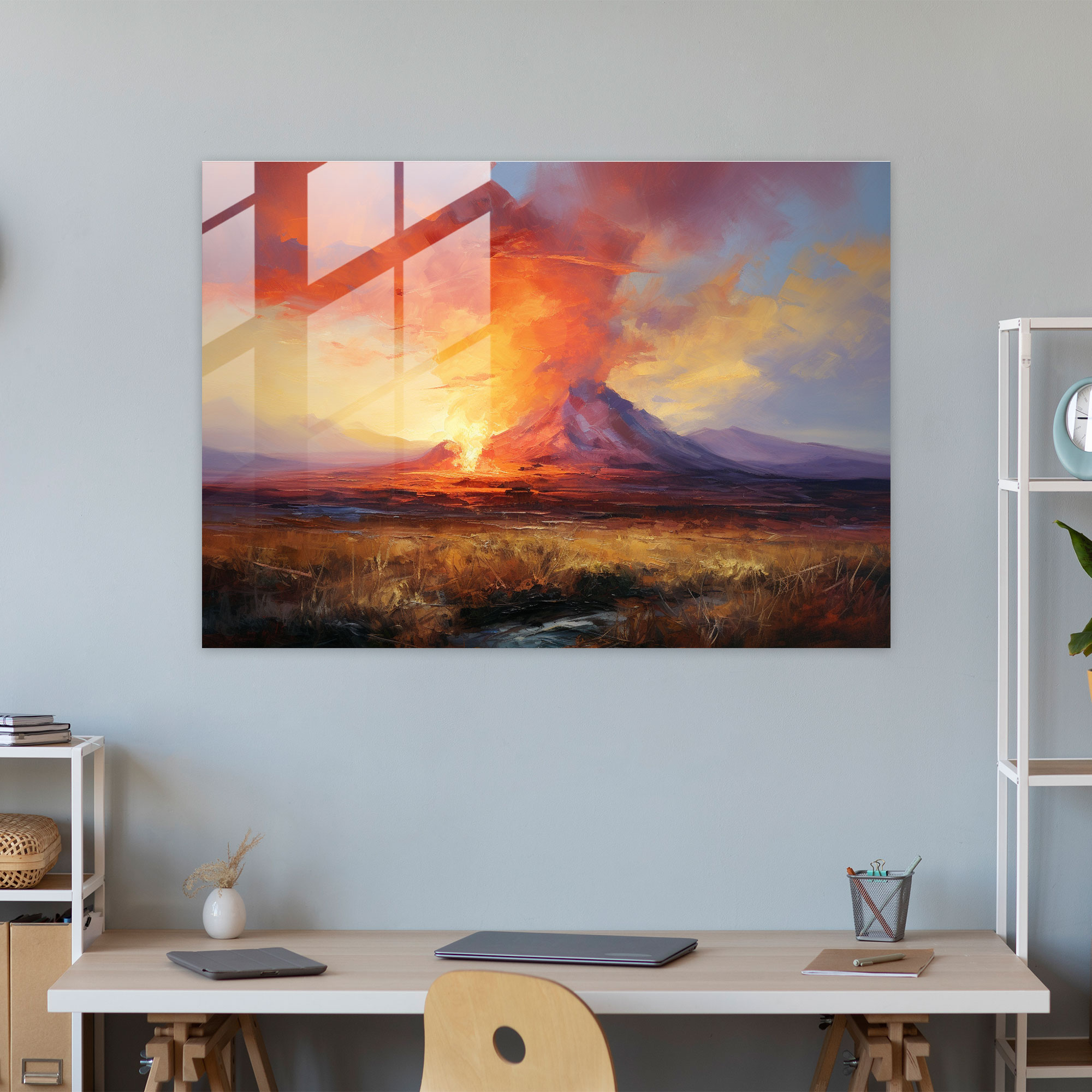 Sunset Volcano Glass Print - Volcano, Wall Decoration, Home Decoration, Volcano At Sunset
