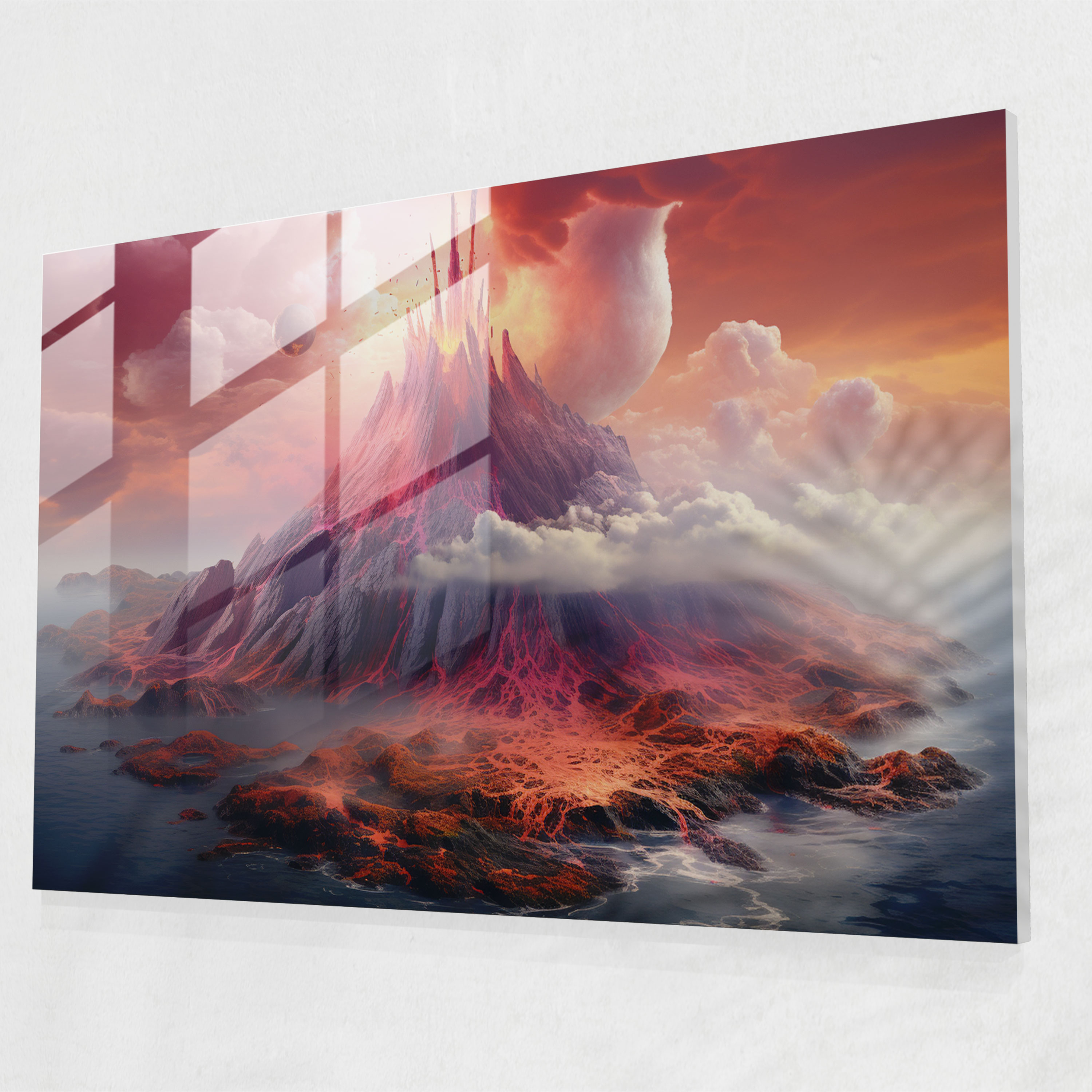 Volcano Glass Wall Art - Volcano, Volcano, Mysterious Creatures, Vibrant Colors