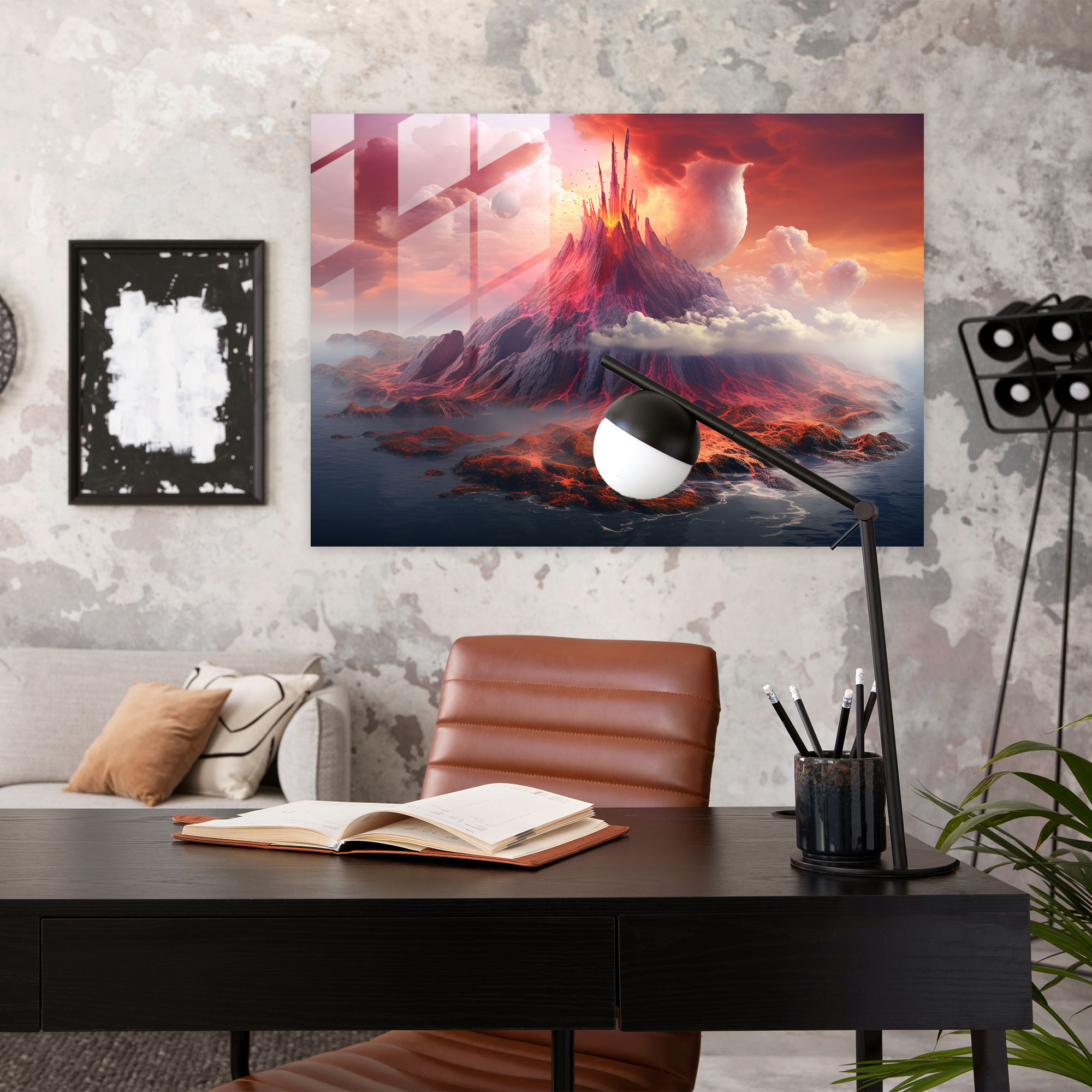 Volcano Glass Wall Art - Volcano, Volcano, Mysterious Creatures, Vibrant Colors