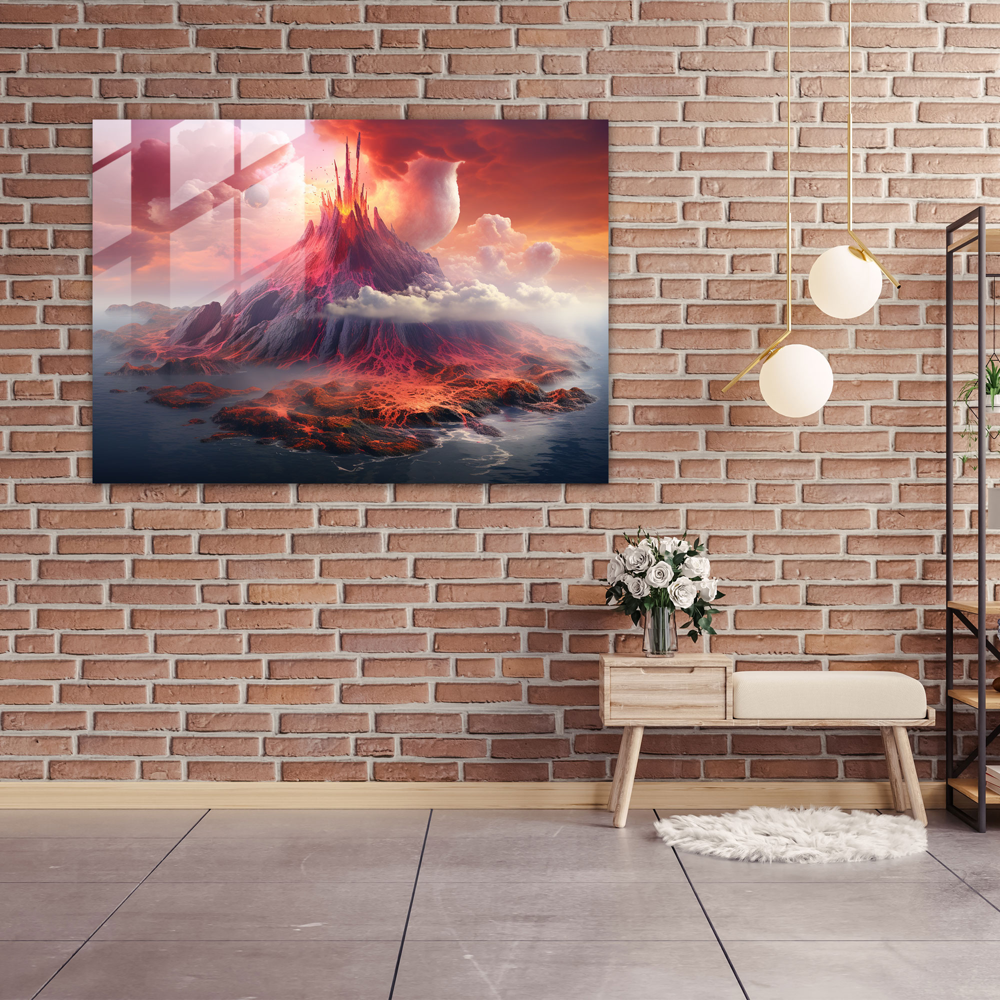 Volcano Glass Wall Art - Volcano, Volcano, Mysterious Creatures, Vibrant Colors