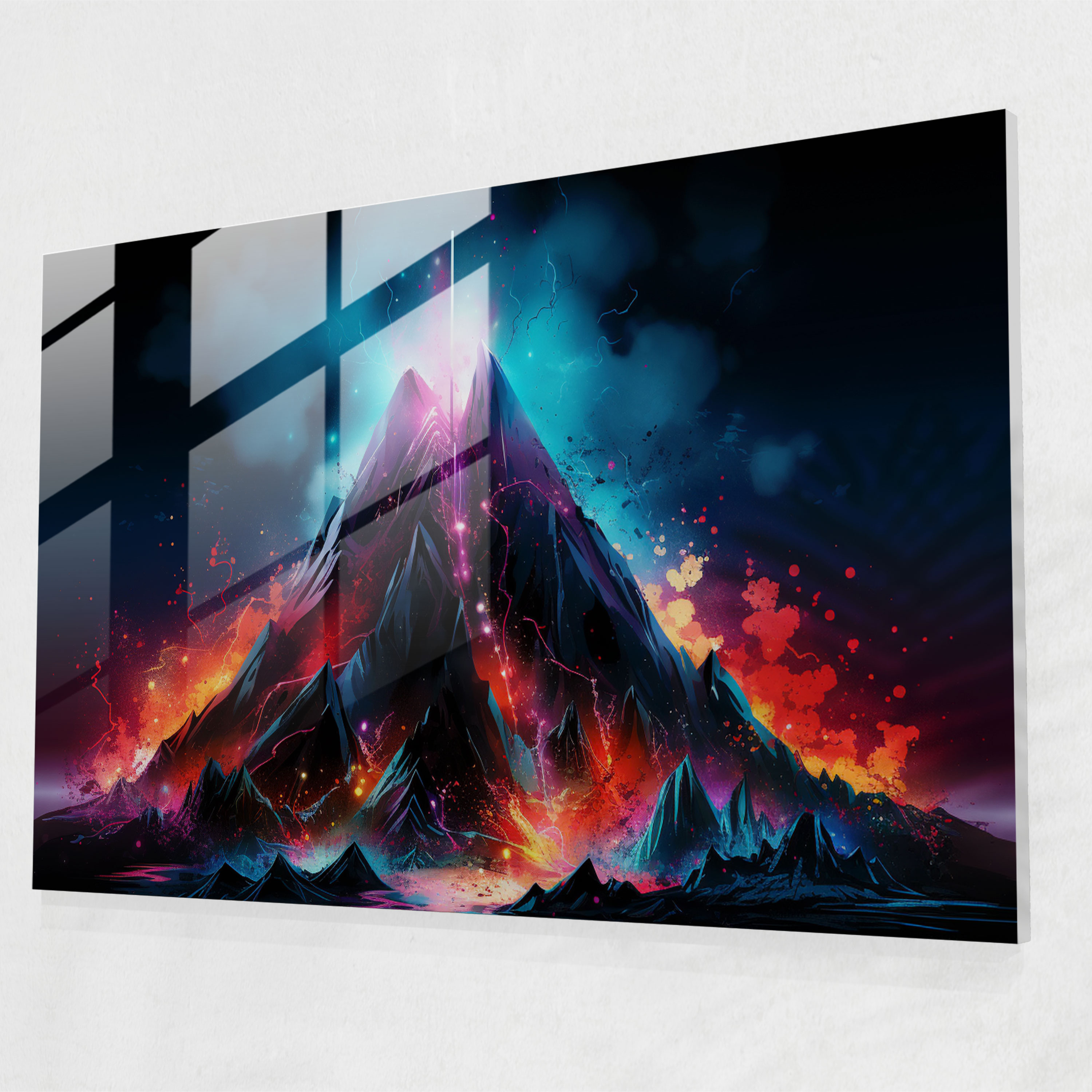 Volcano Glass Wall Art - Volcano, Glass Art, Futuristic Digital Art, Home Decoration