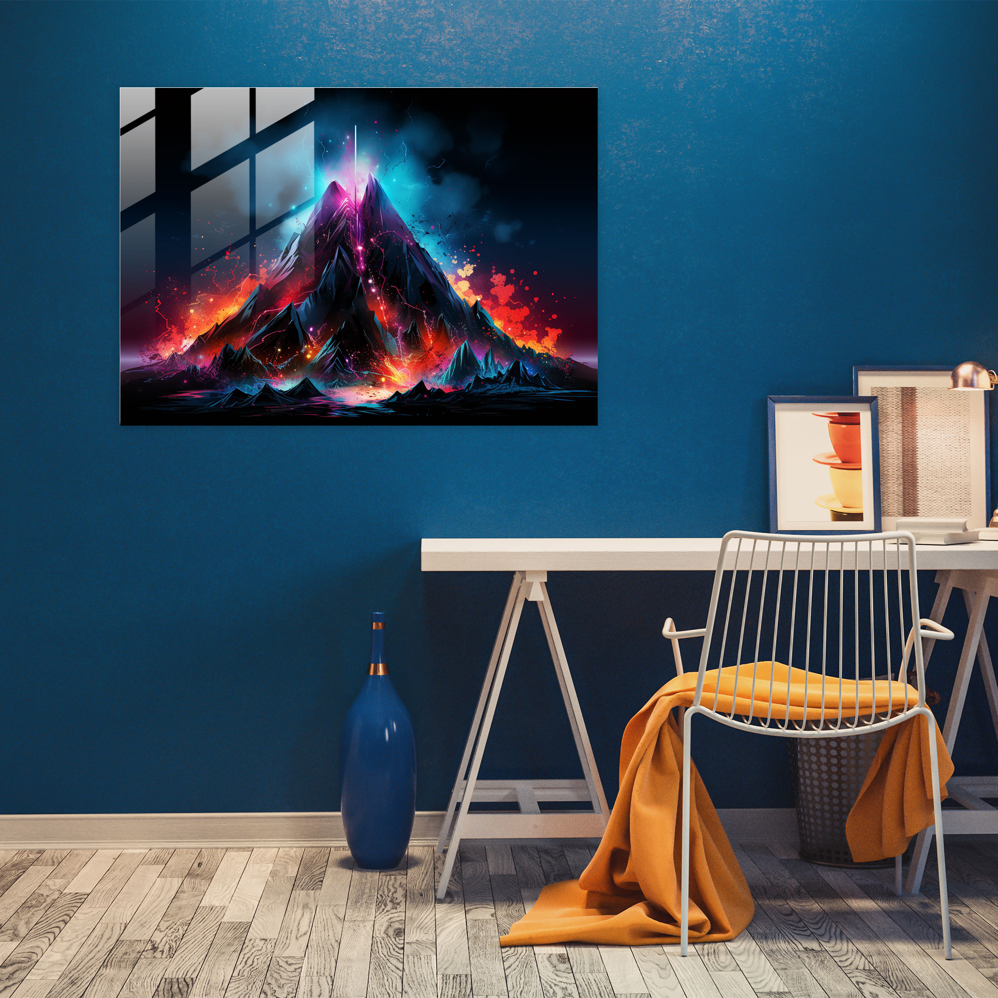 Volcano Glass Wall Art - Volcano, Glass Art, Futuristic Digital Art, Home Decoration