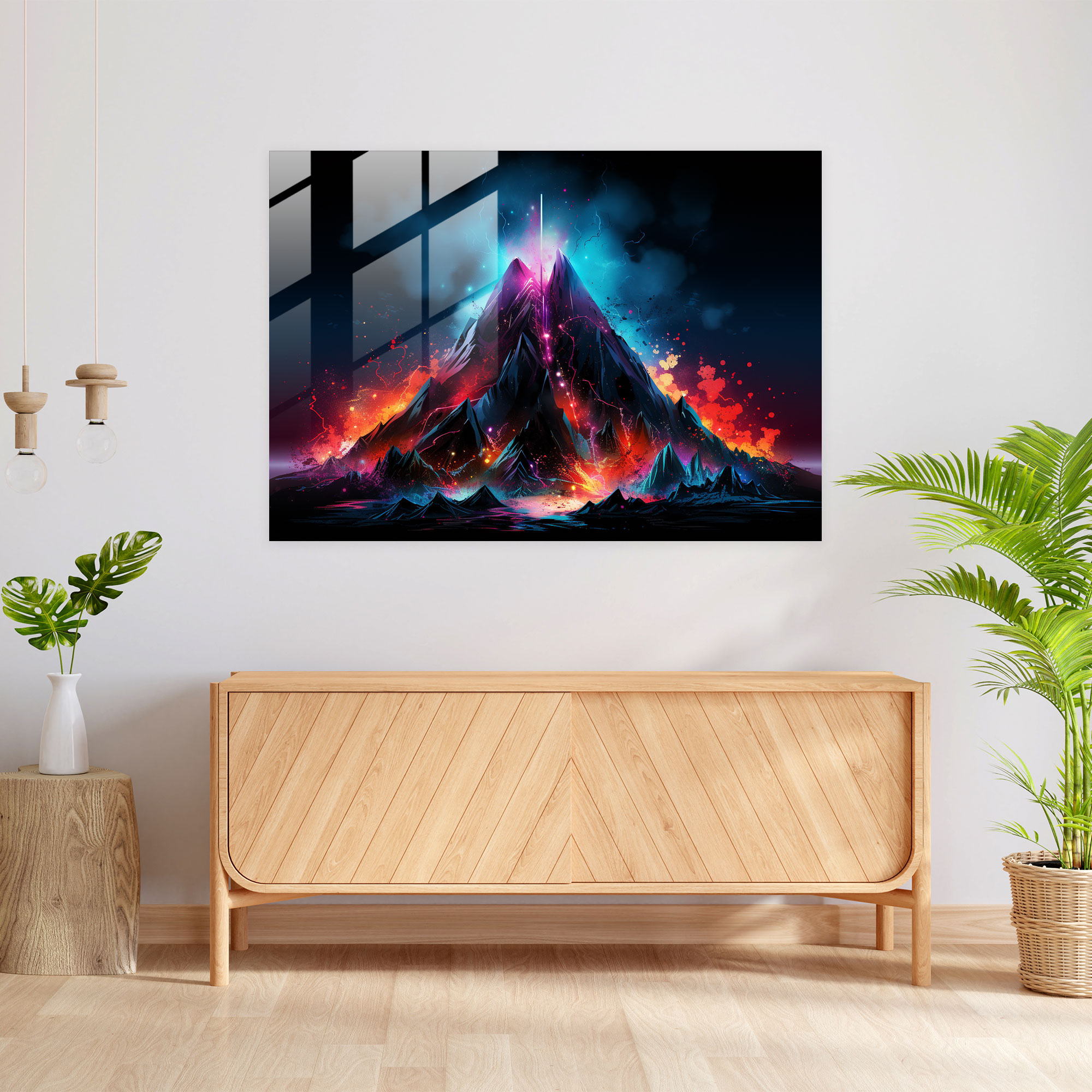 Volcano Glass Wall Art - Volcano, Glass Art, Futuristic Digital Art, Home Decoration