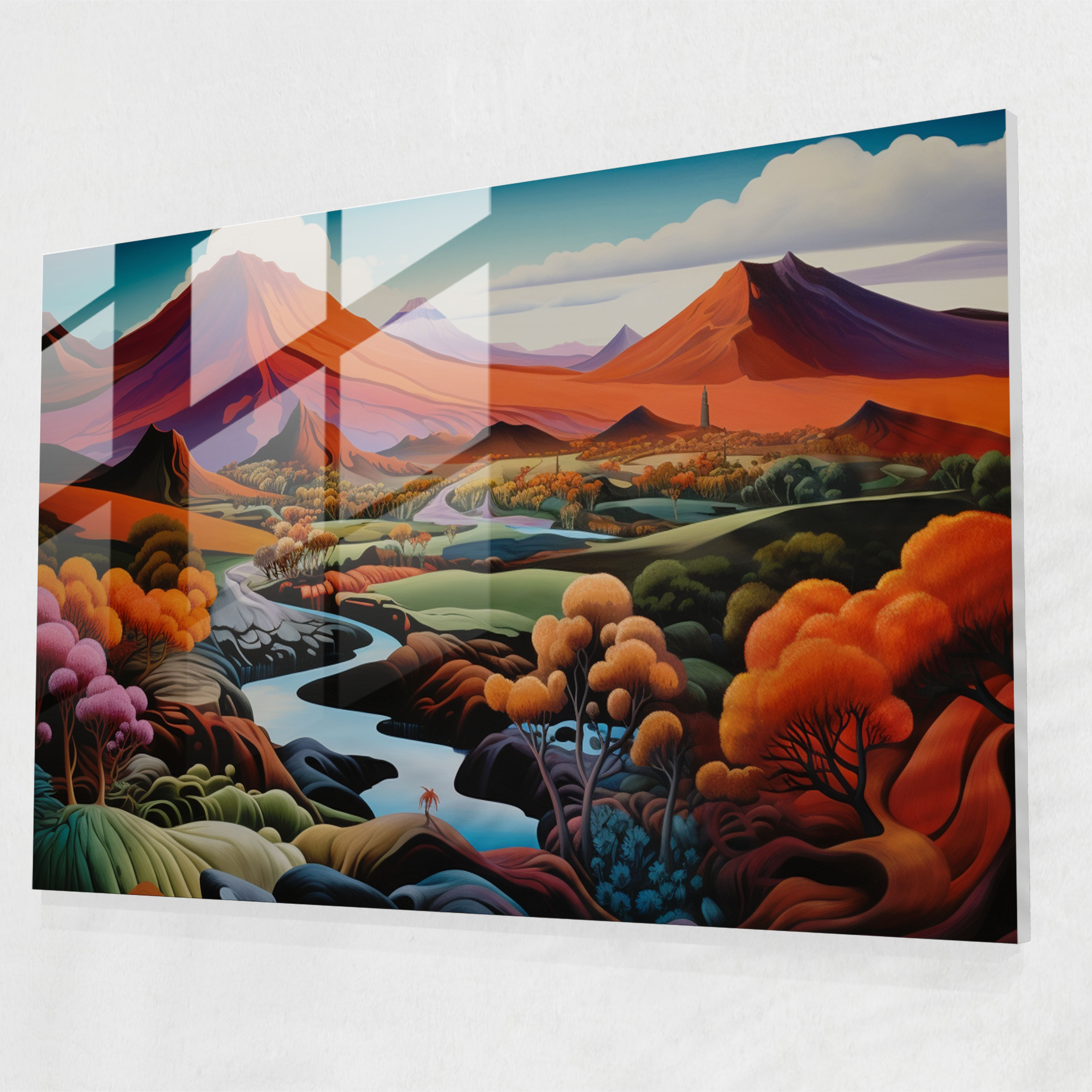Abstract Volcano Glass Print - Volcano, Volcano, Vibrant Hues, Glass Art