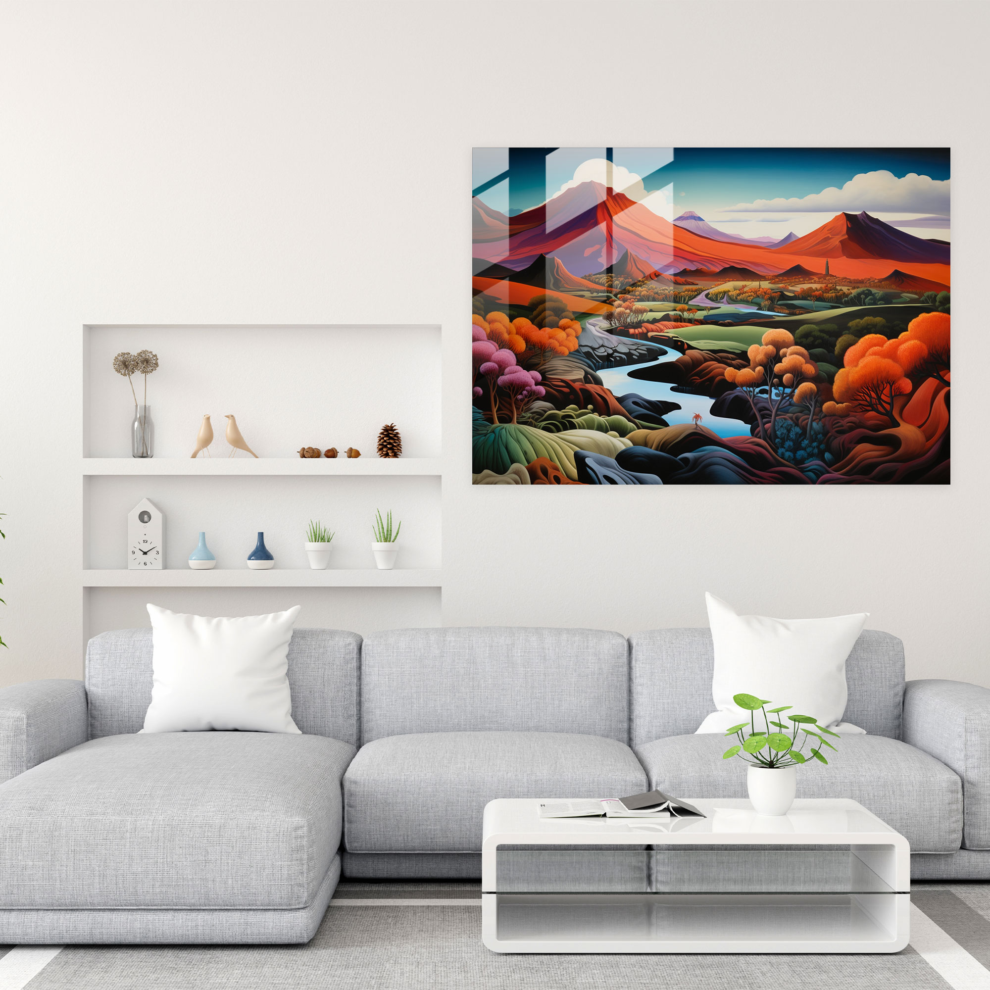 Abstract Volcano Glass Print - Volcano, Volcano, Vibrant Hues, Glass Art