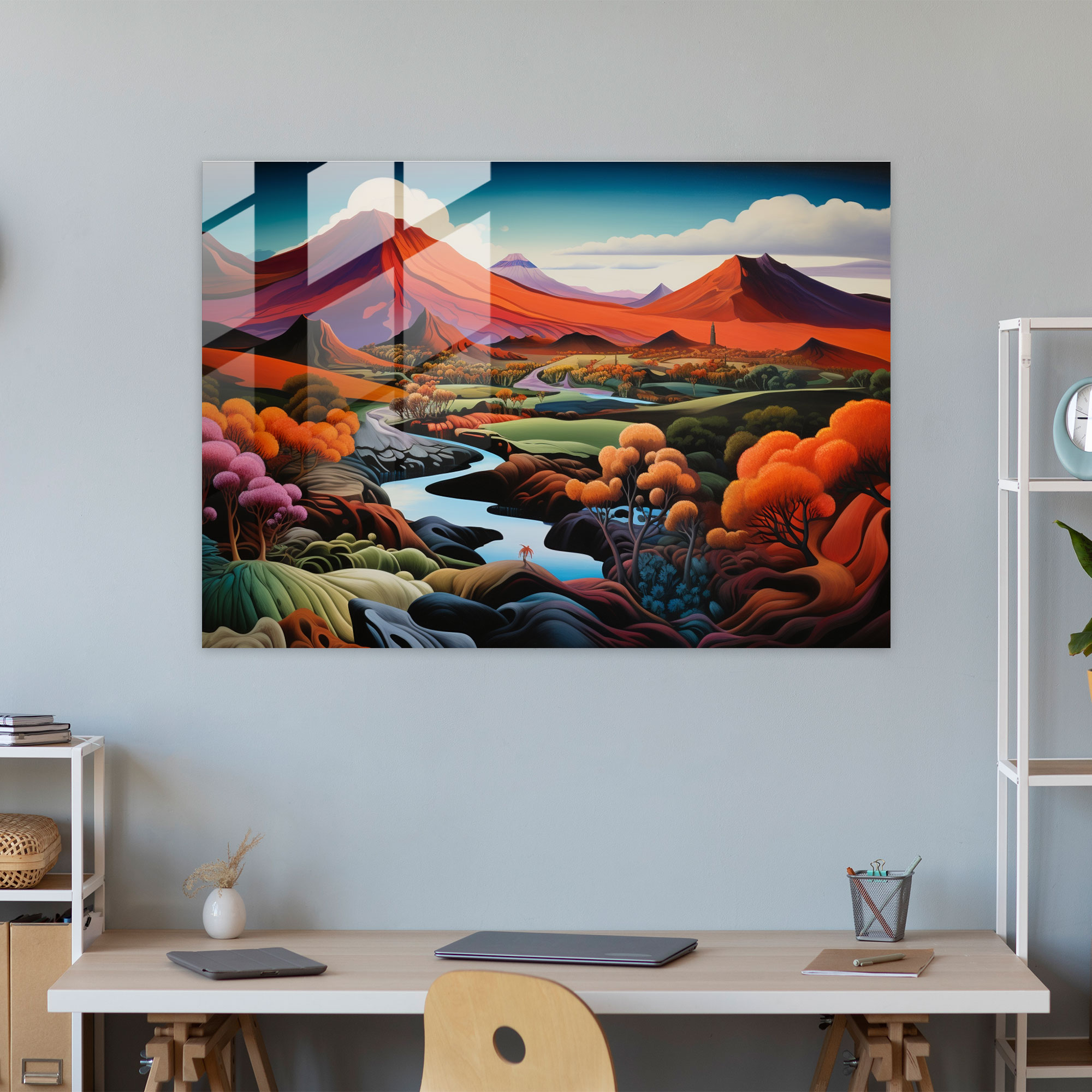 Abstract Volcano Glass Print - Volcano, Volcano, Vibrant Hues, Glass Art