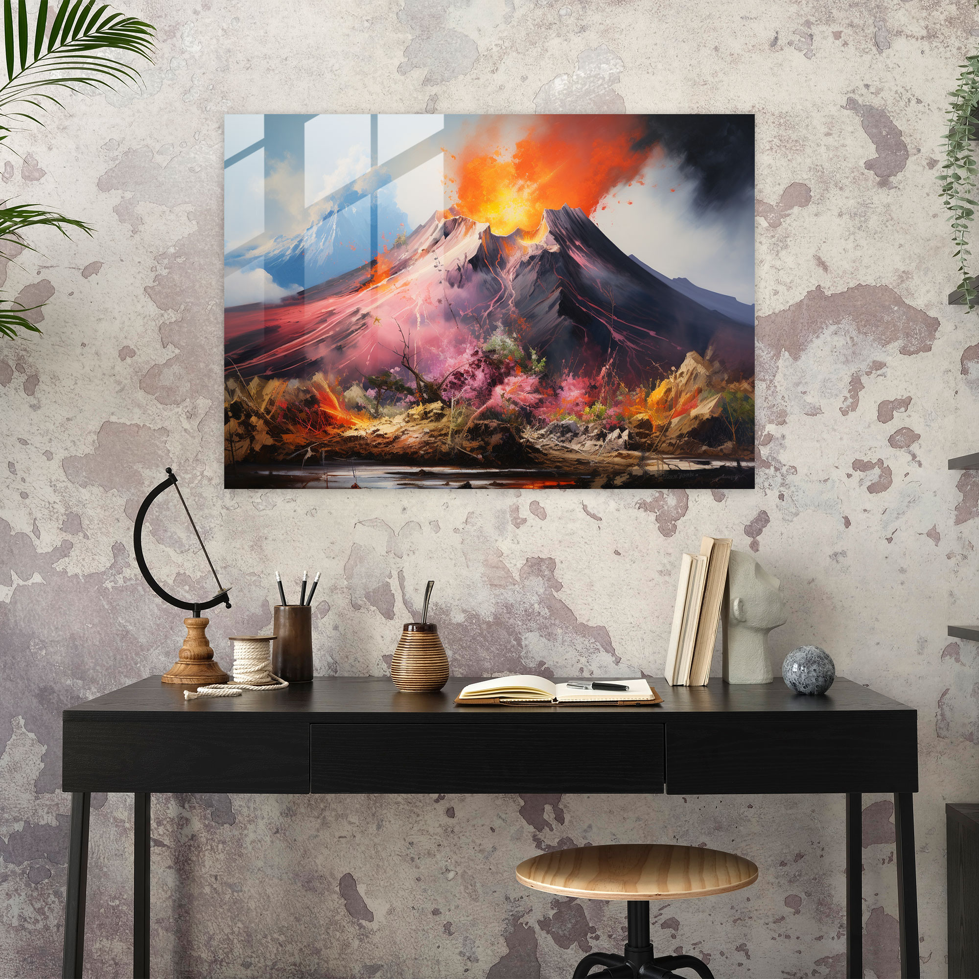 Contemporary Volcano Glass Art - Volcano, Glass Print, Serene Volcanic Landscape, Volcano