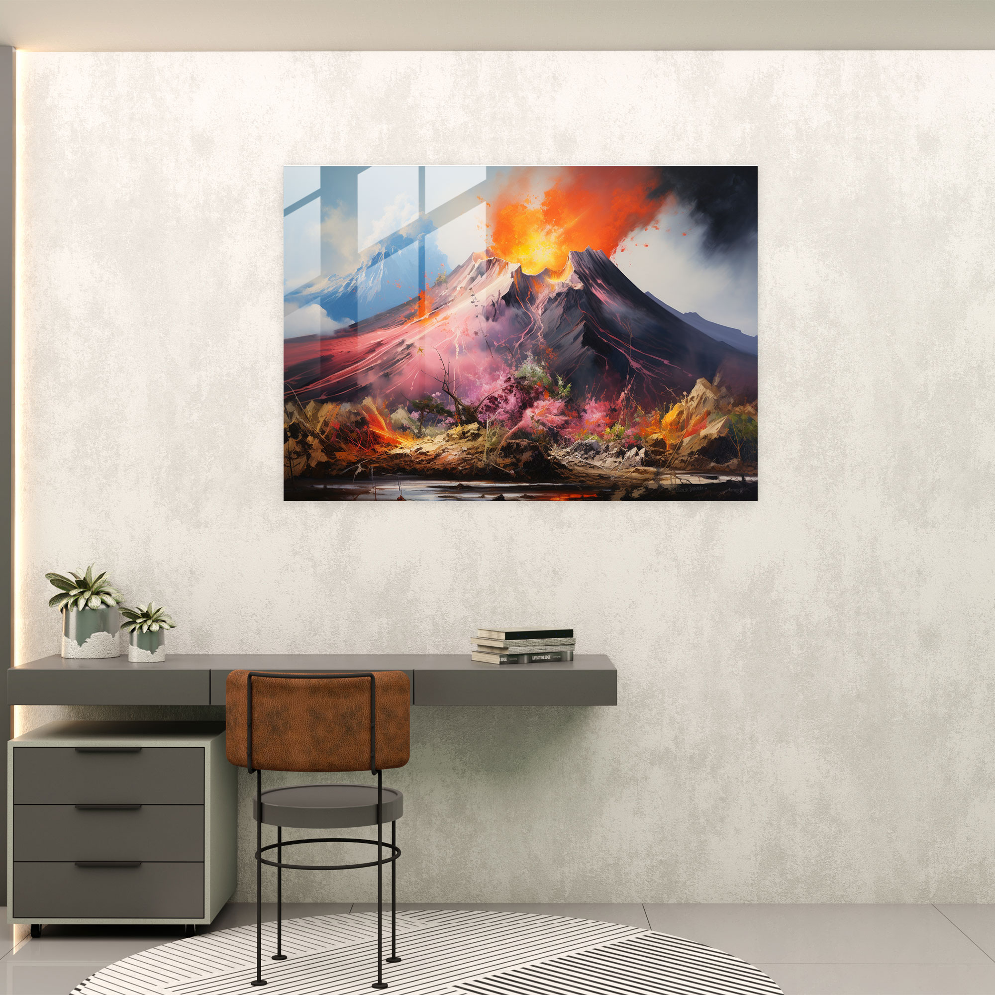Contemporary Volcano Glass Art - Volcano, Glass Print, Serene Volcanic Landscape, Volcano