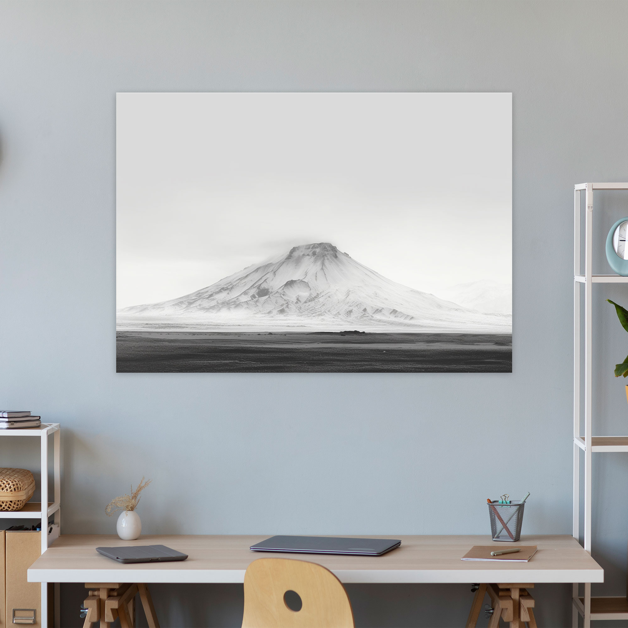 Volcanic Landscape Canvas Print - Volcano, Volcano Wall Art, Black And White, Serene Atmosphere