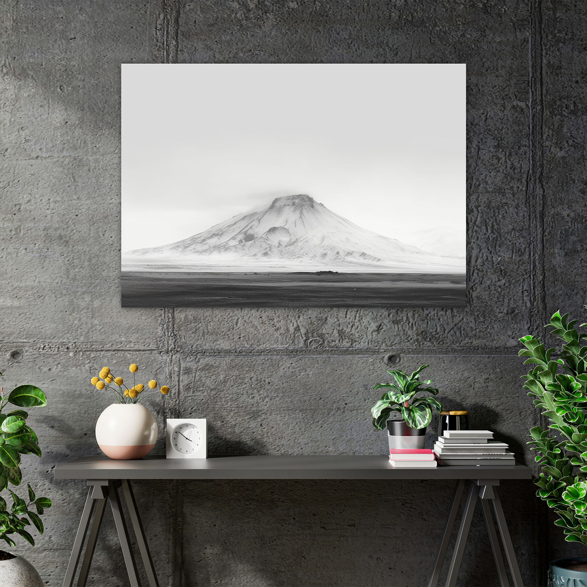 Volcanic Landscape Canvas Print - Volcano, Volcano Wall Art, Black And White, Serene Atmosphere