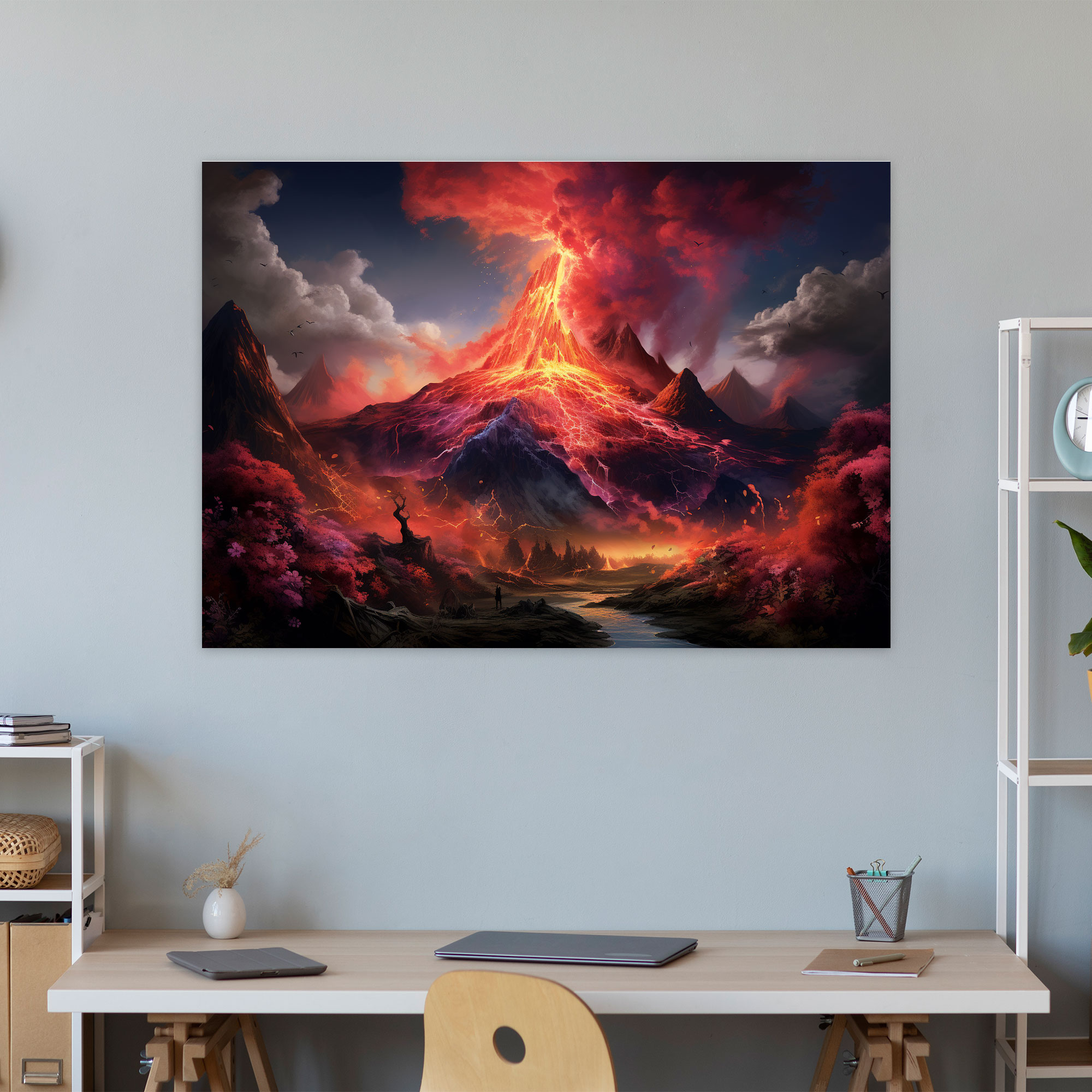 Dreamlike Volcano Canvas Print - Volcano, Volcano Wall Decoration, Surreal Mixed Media Artwork, Volcano Wall Art