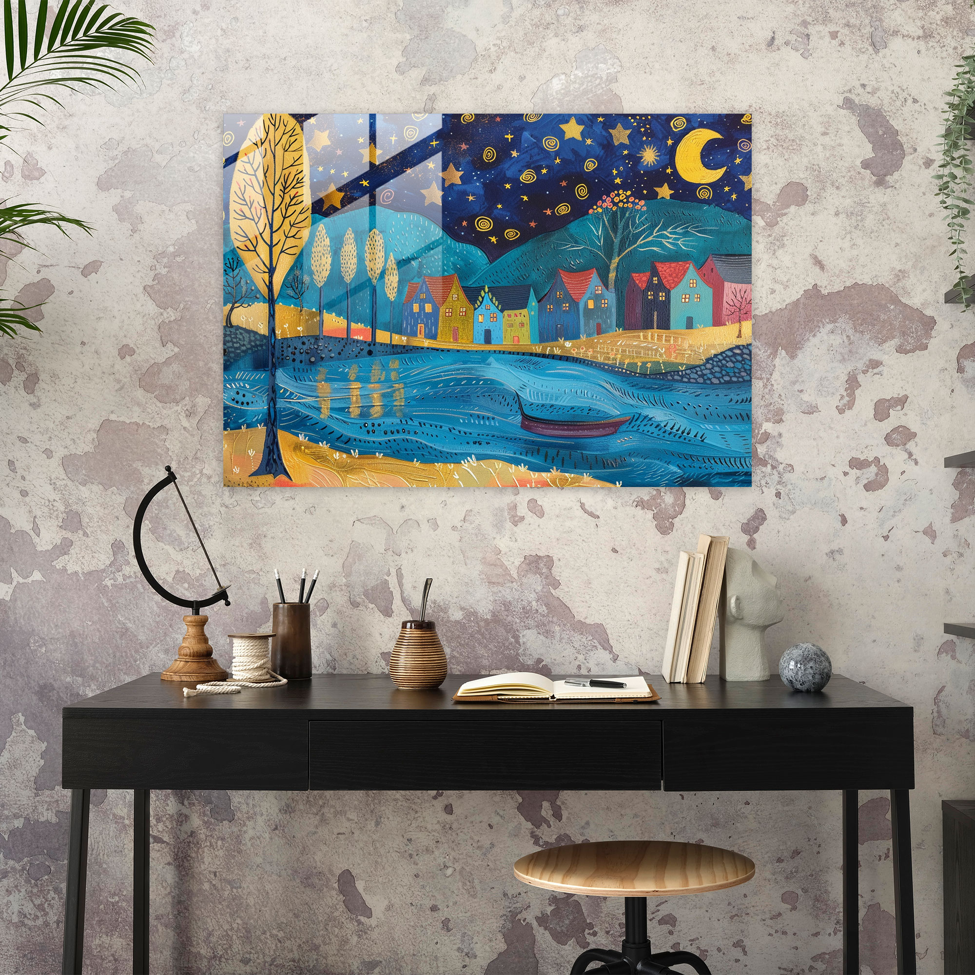 Vincent Van Gogh Glass Print - Starry Night Village - Vincent Van Gogh, Modern Art, Glass Print, Wall Decoration