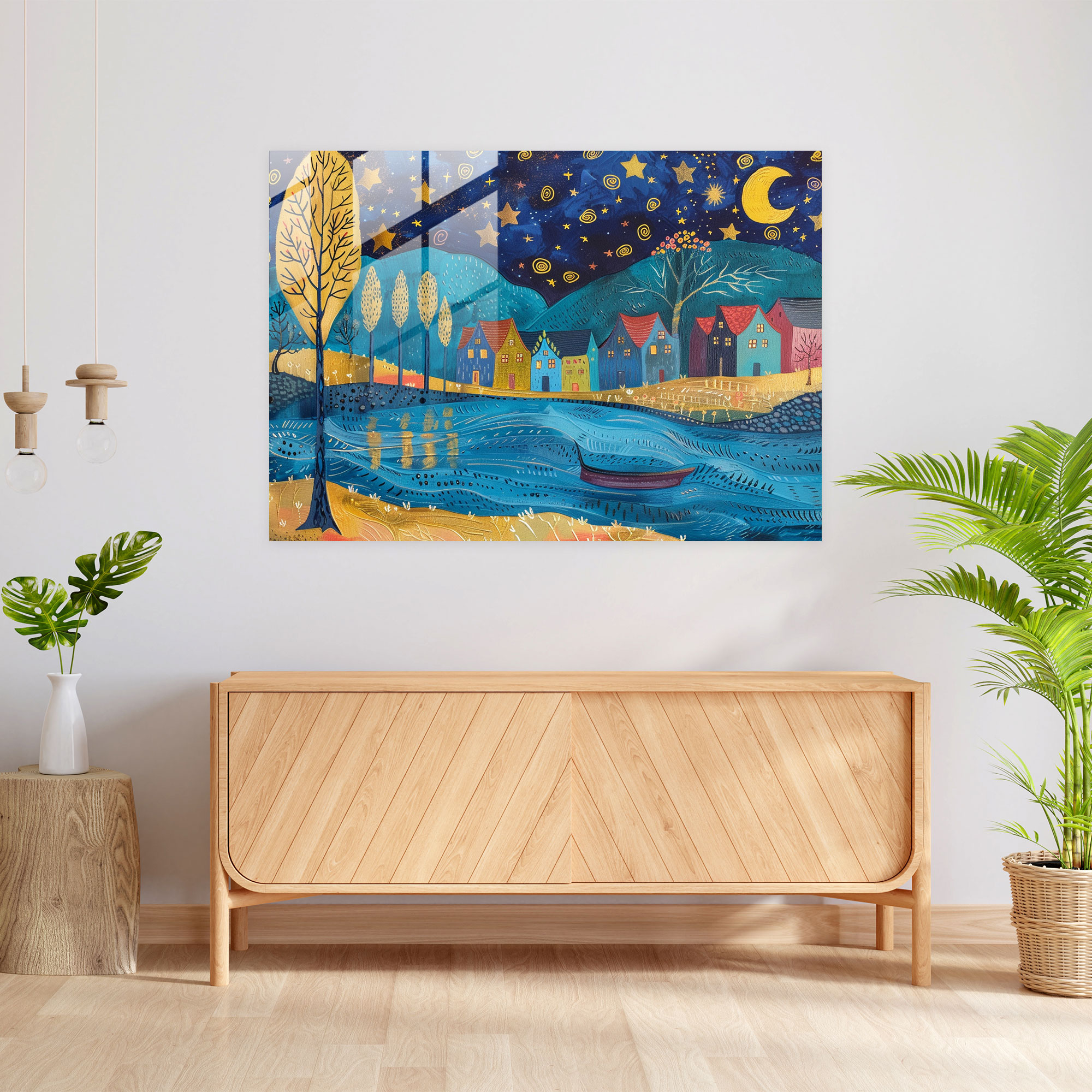 Vincent Van Gogh Glass Print - Starry Night Village - Vincent Van Gogh, Modern Art, Glass Print, Wall Decoration