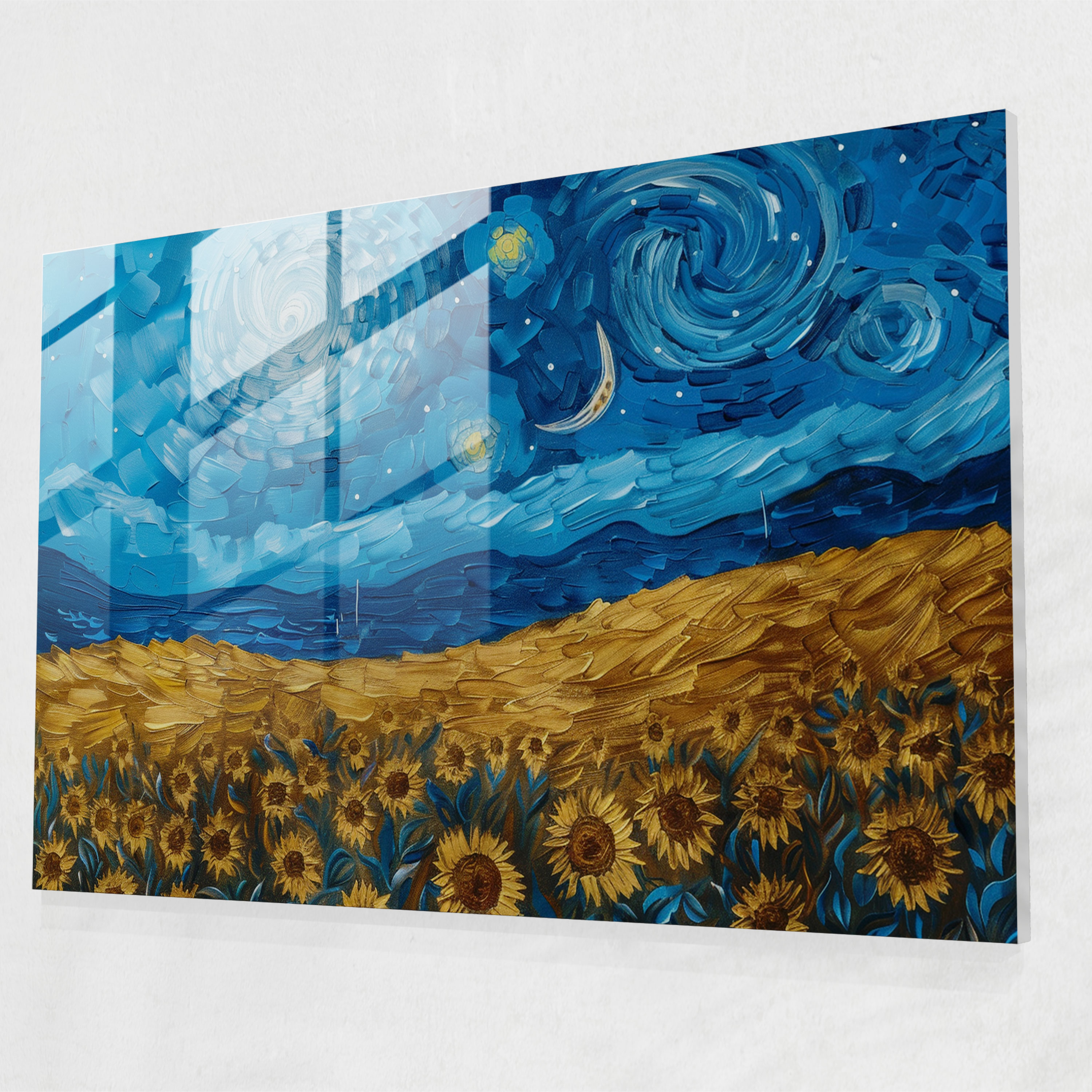 Vincent Van Gogh Glass Print - Starry Night And Sunflowers - Vincent Van Gogh, Home Decoration, Wall Decoration, Vincent Van Gogh