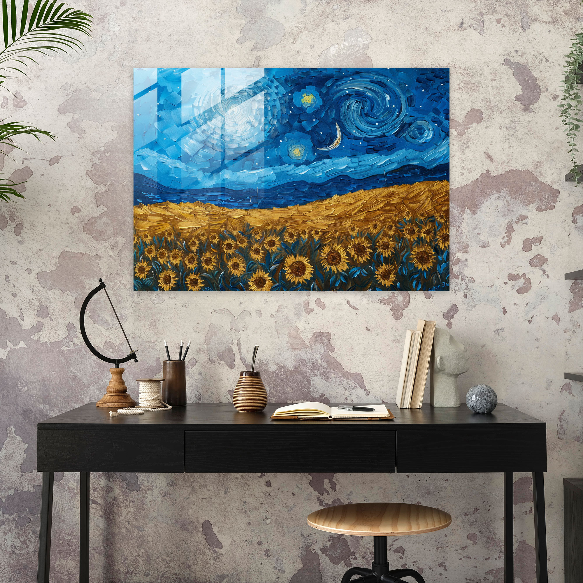 Vincent Van Gogh Glass Print - Starry Night And Sunflowers - Vincent Van Gogh, Home Decoration, Wall Decoration, Vincent Van Gogh