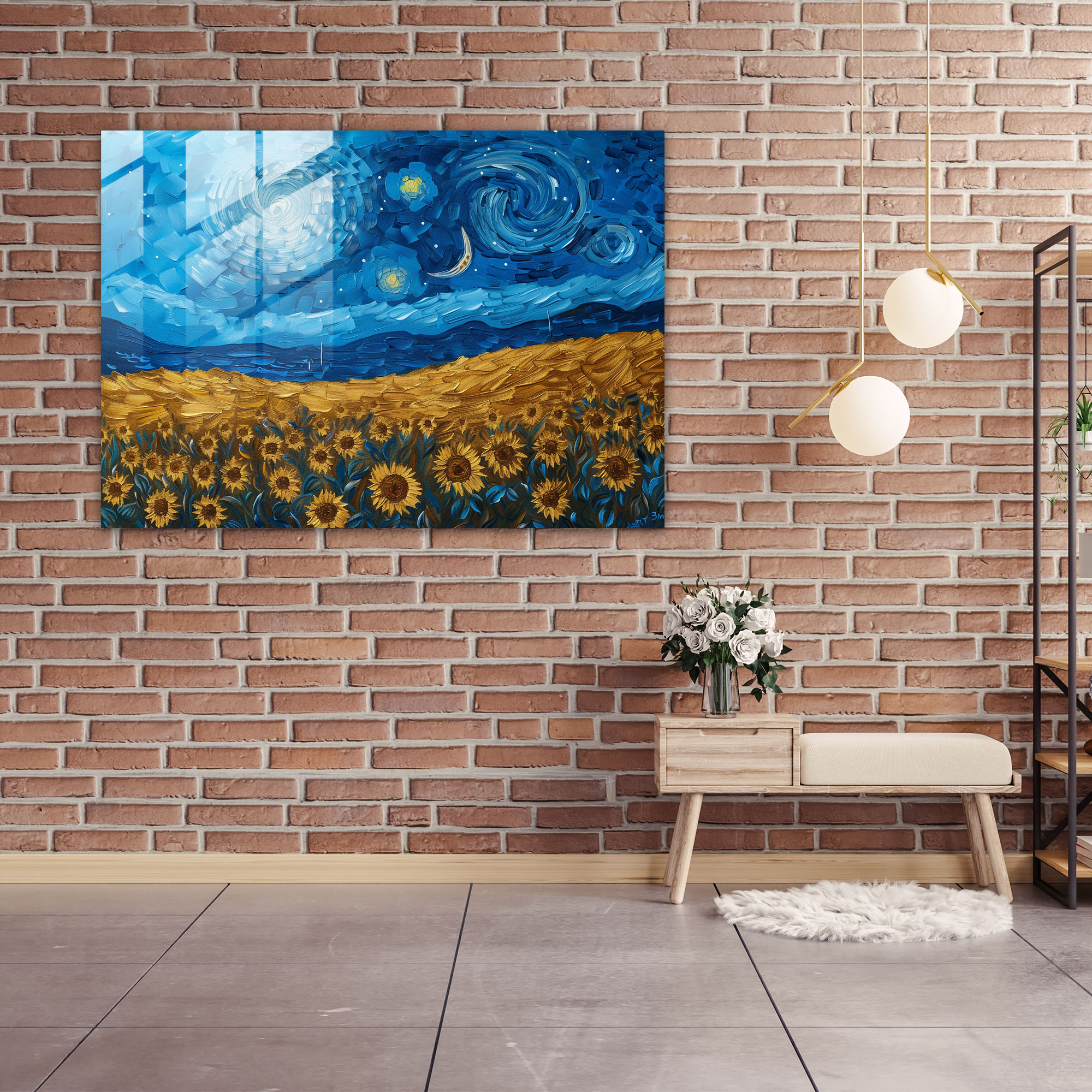 Vincent Van Gogh Glass Print - Starry Night And Sunflowers - Vincent Van Gogh, Home Decoration, Wall Decoration, Vincent Van Gogh