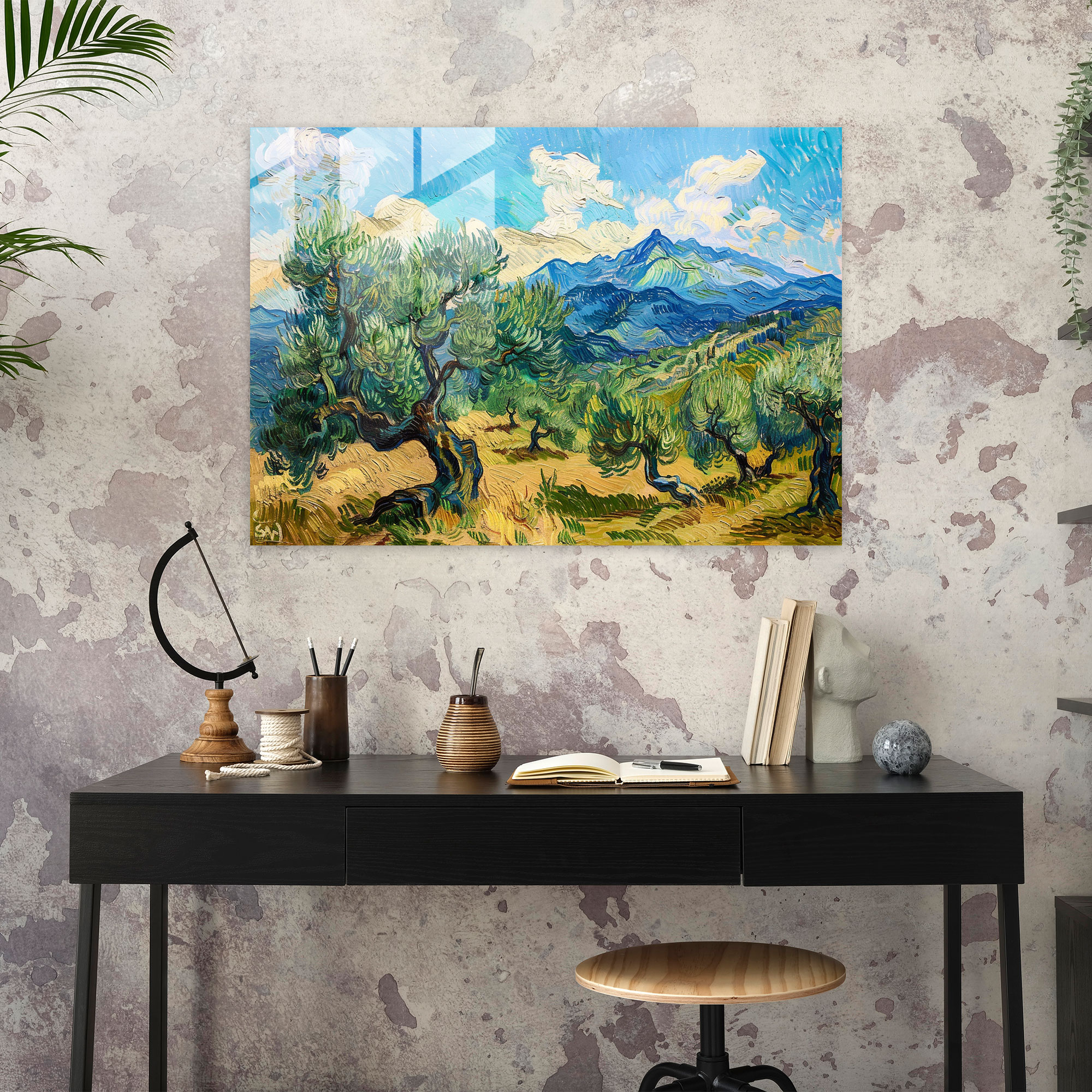 Vincent Van Gogh Glass Print: Olive Trees With Mountains Glass Wall Art - Vincent Van Gogh, Glass Art, Glass Print, Vincent Van Gogh