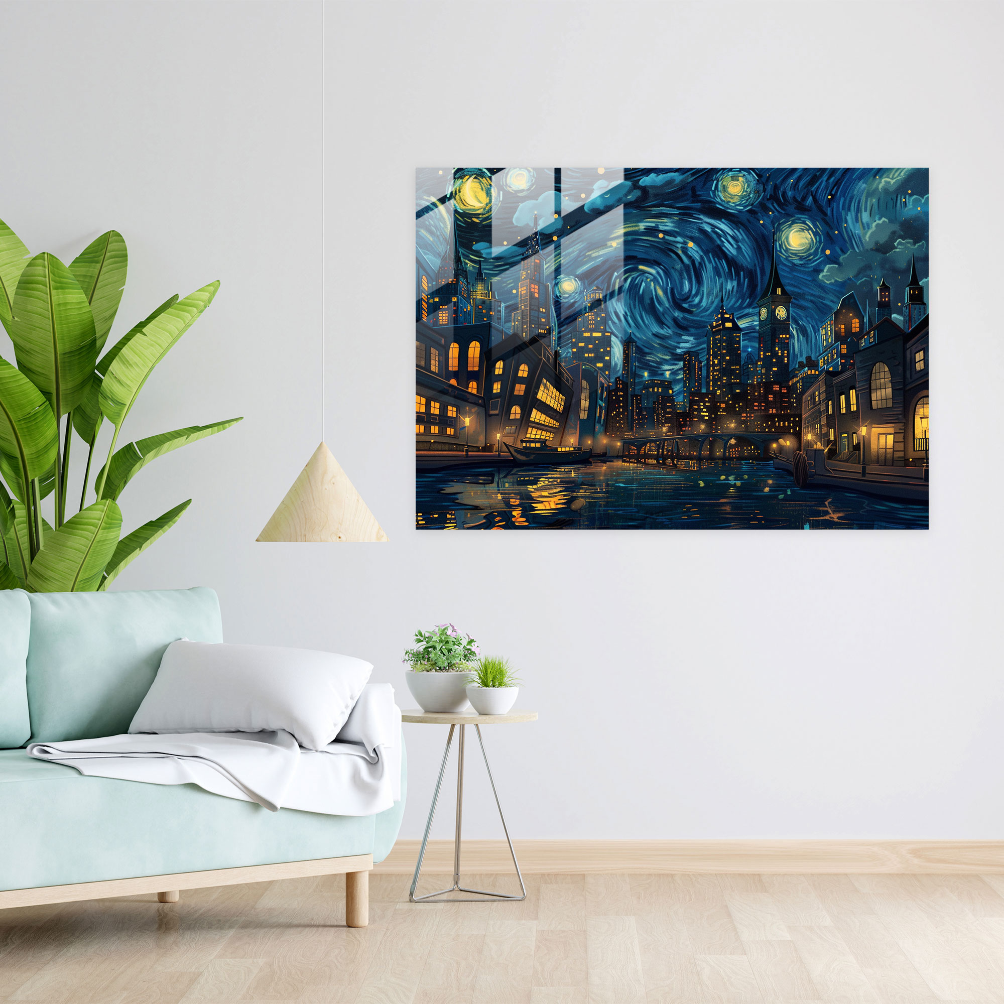 Vincent Van Gogh Glass Print: Starry Night Cityscape - Vincent Van Gogh, Wall Decoration, Home Decoration, Glass Wall Art