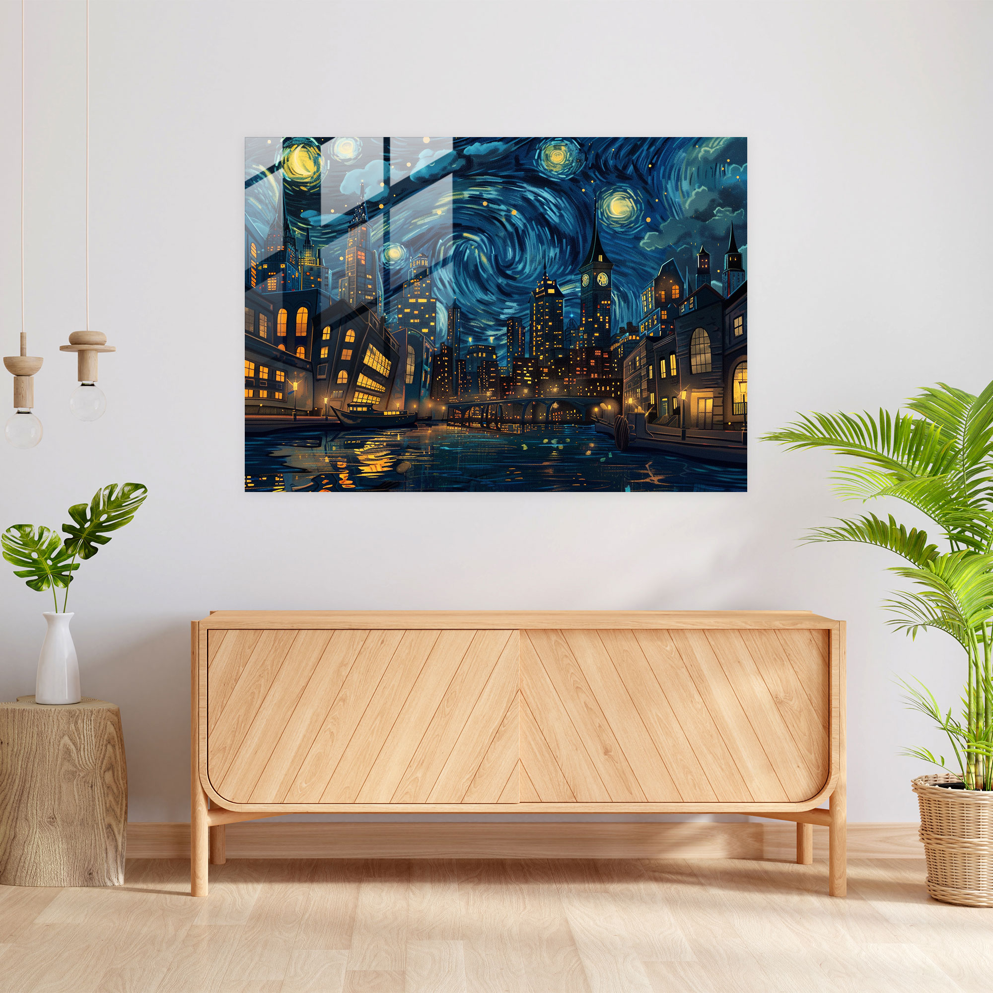 Vincent Van Gogh Glass Print: Starry Night Cityscape - Vincent Van Gogh, Wall Decoration, Home Decoration, Glass Wall Art