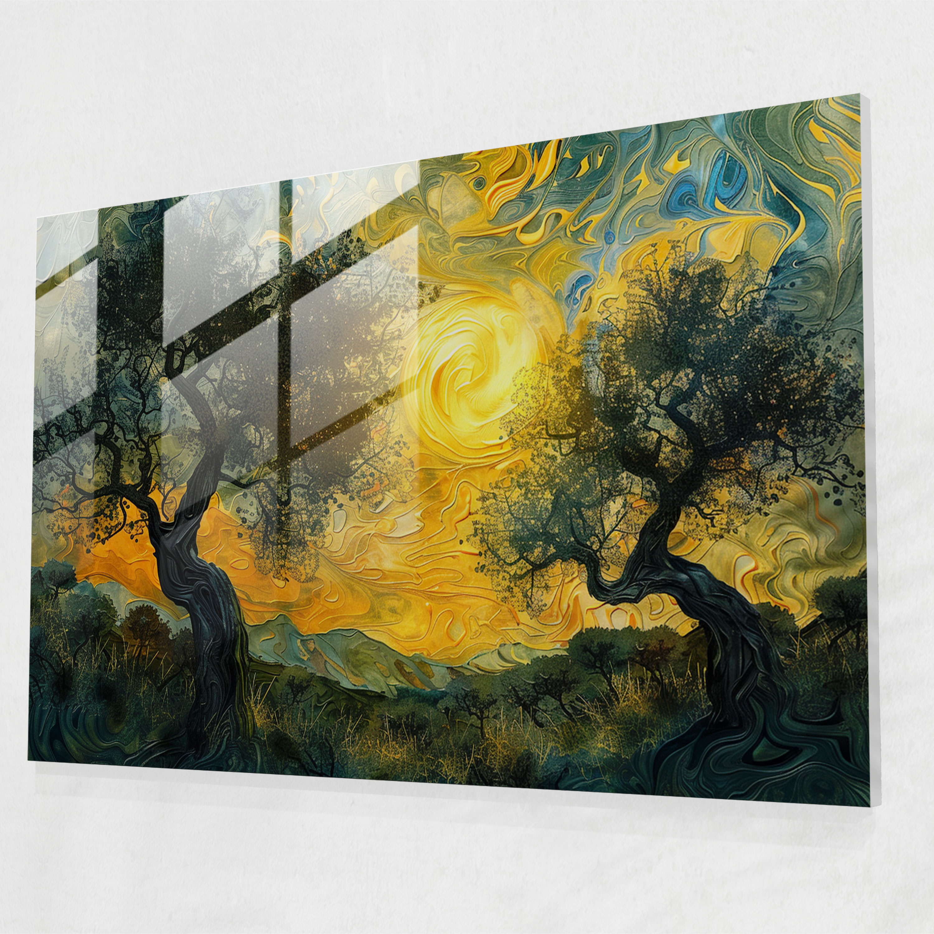 Vincent Van Gogh Glass Print: Surreal Olive Trees Dream - Vincent Van Gogh, Glass Wall Art, Modern Art, Glass Print