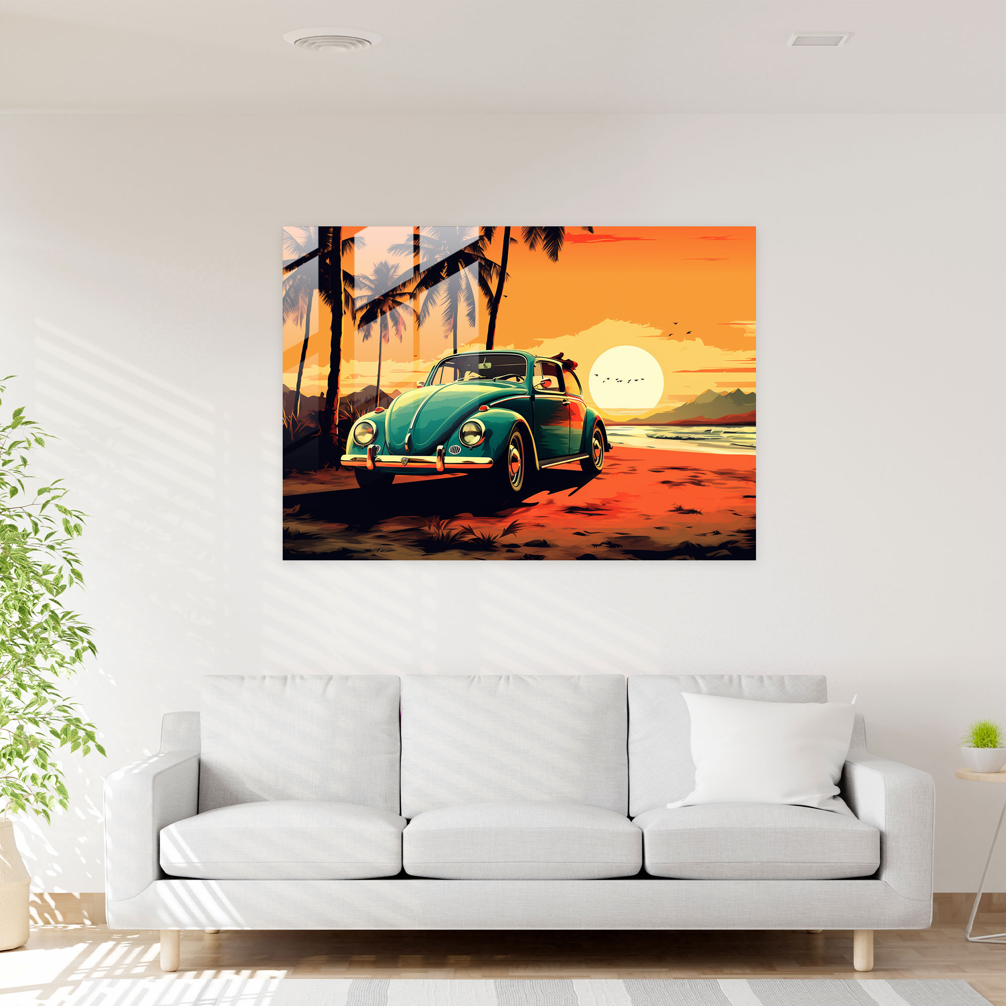 Glasbild des Vintage Volkswagen Käfers - Retro Auto moderne Kunst