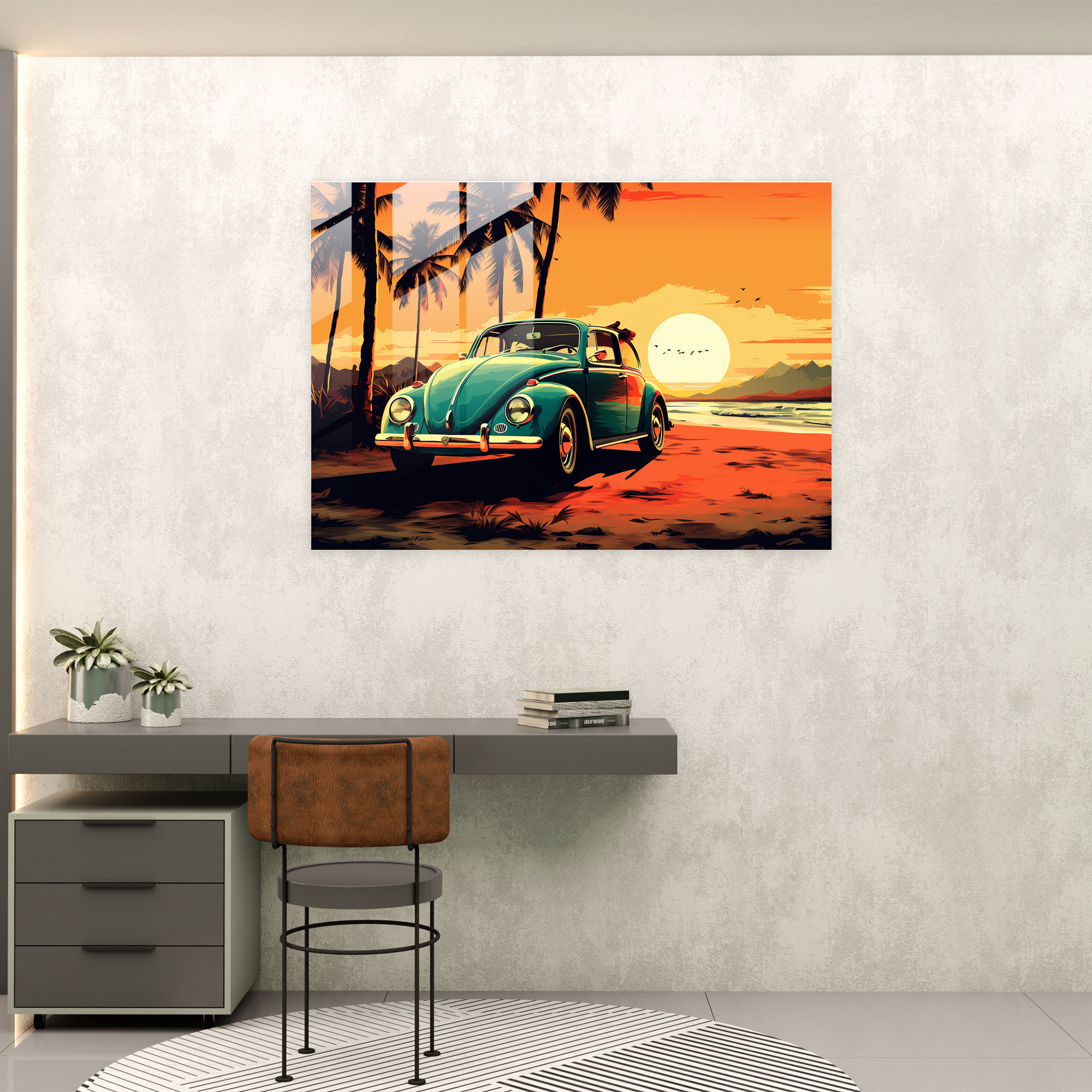 Glasbild des Vintage Volkswagen Käfers - Retro Auto moderne Kunst