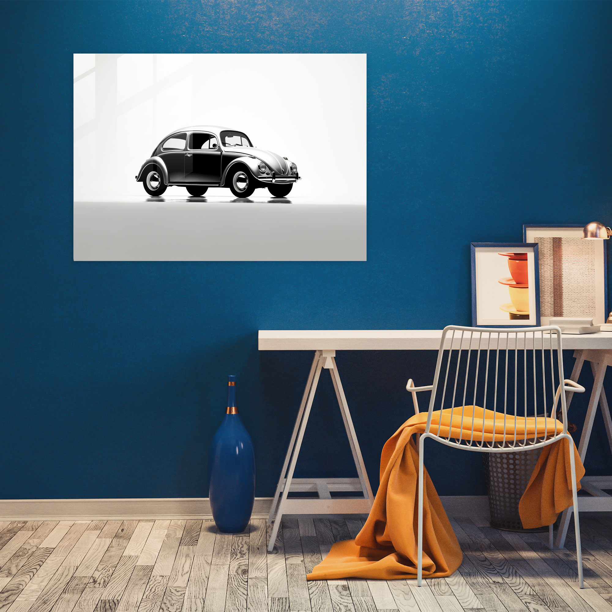 Minimalist Volkswagen Beetle Glass Print - Volkswagen Beetle, Glass Wall Art, Simple, Wall Decoration