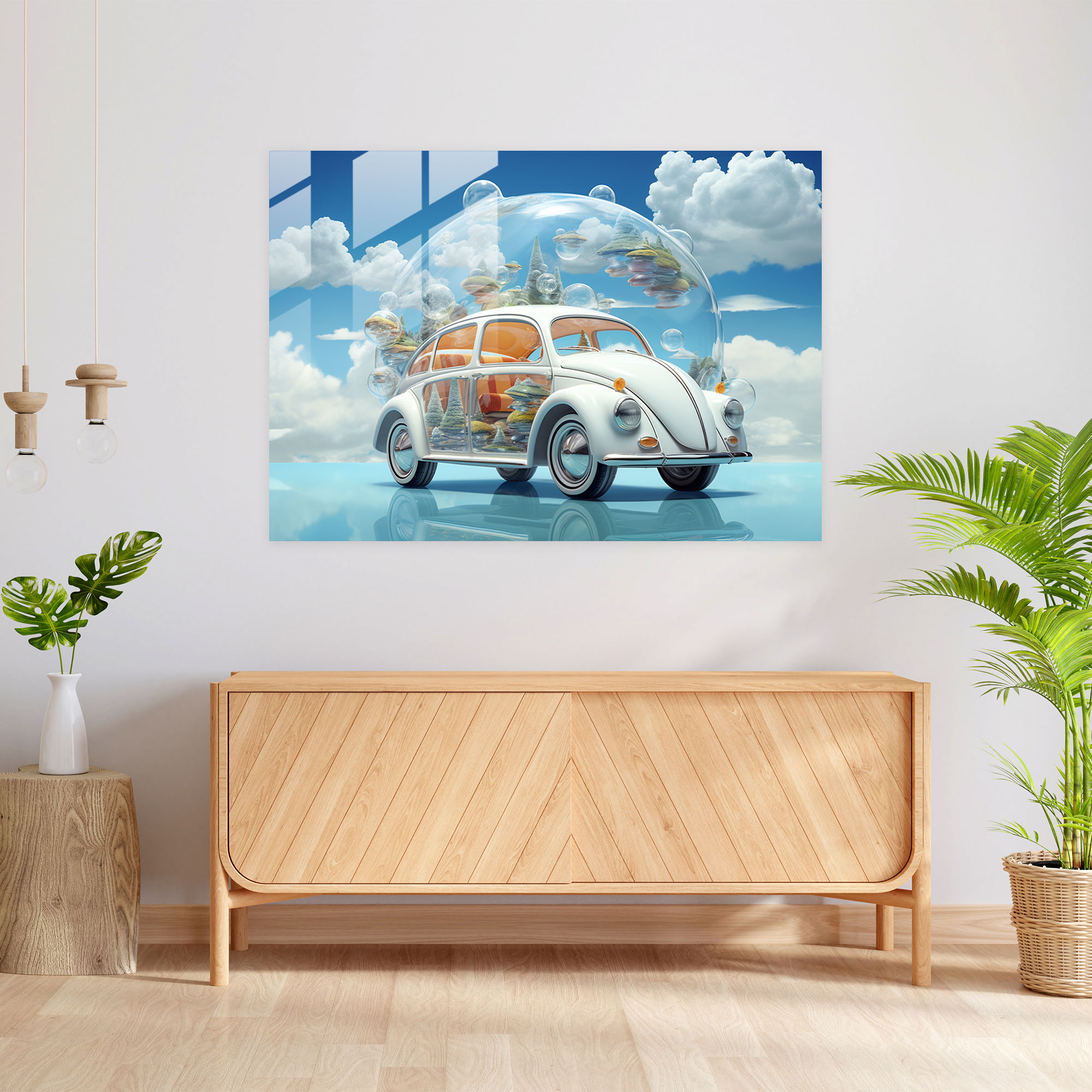 Surreal Volkswagen Beetle Glass Print - Volkswagen Beetle, Imaginative, Surreal, Wall Decoration