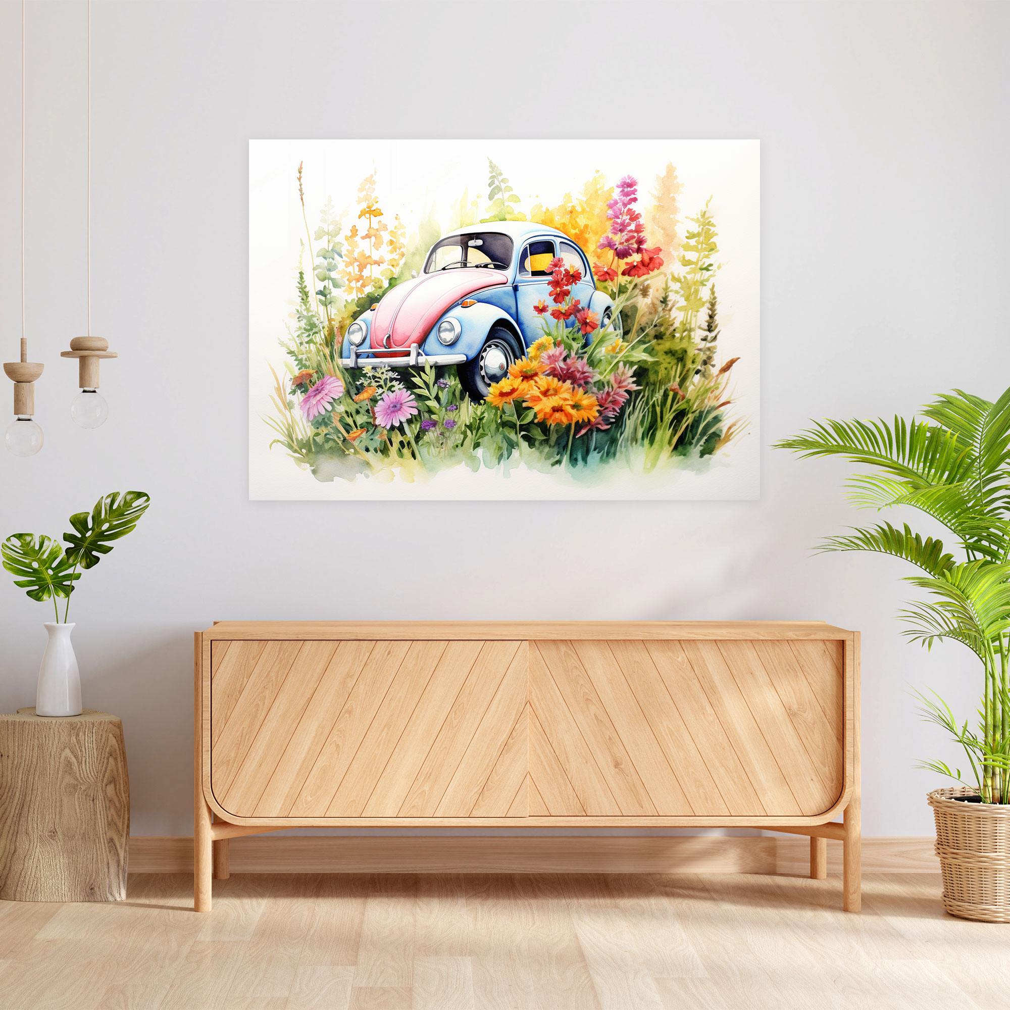 Volkswagen Käfer Glasbild - Volkswagen Käfer moderne Kunst verspielt Glas-Kunst