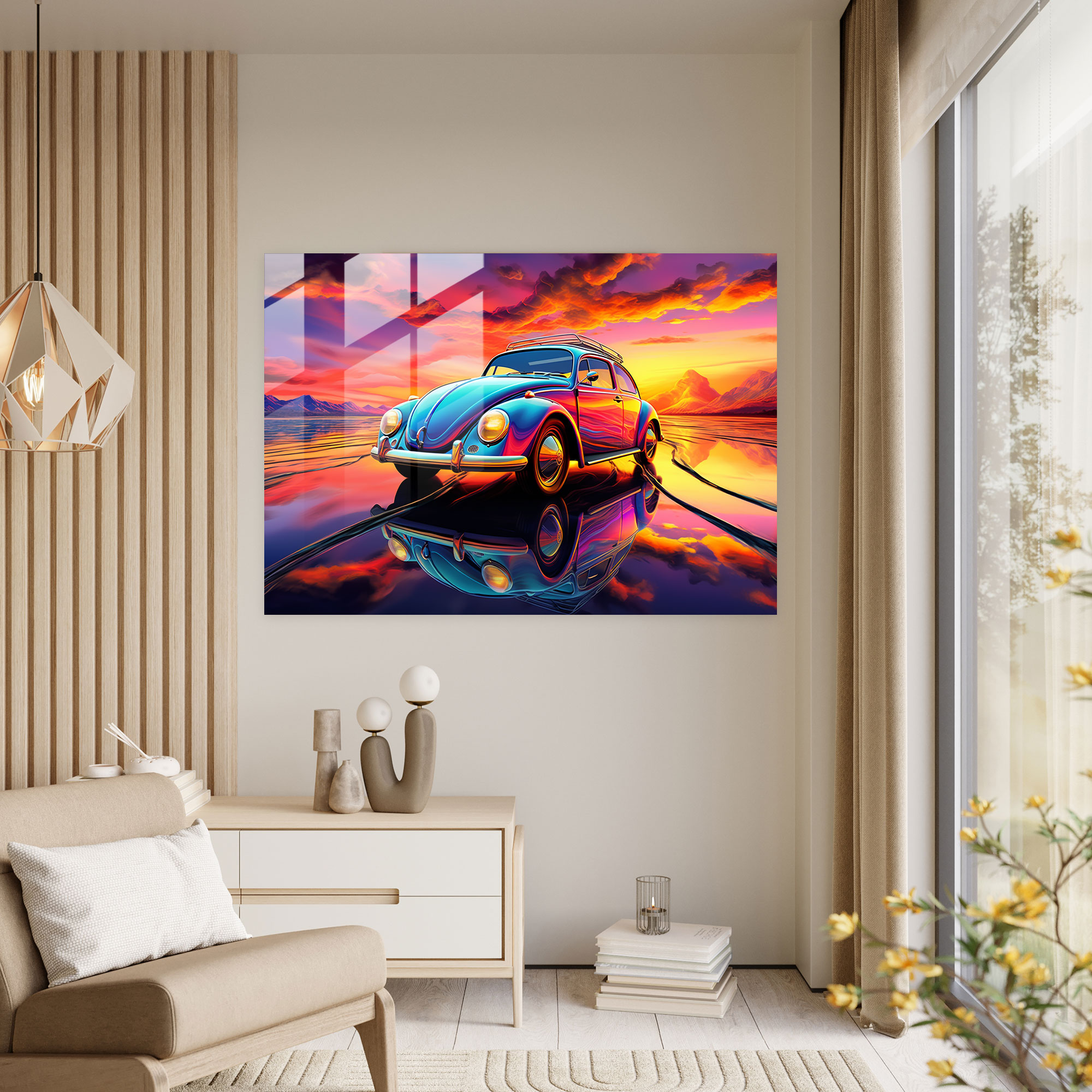 Futuristic Volkswagen Beetle Glass Print - Volkswagen Beetle, Dreamlike, Modern Art, Glass Art