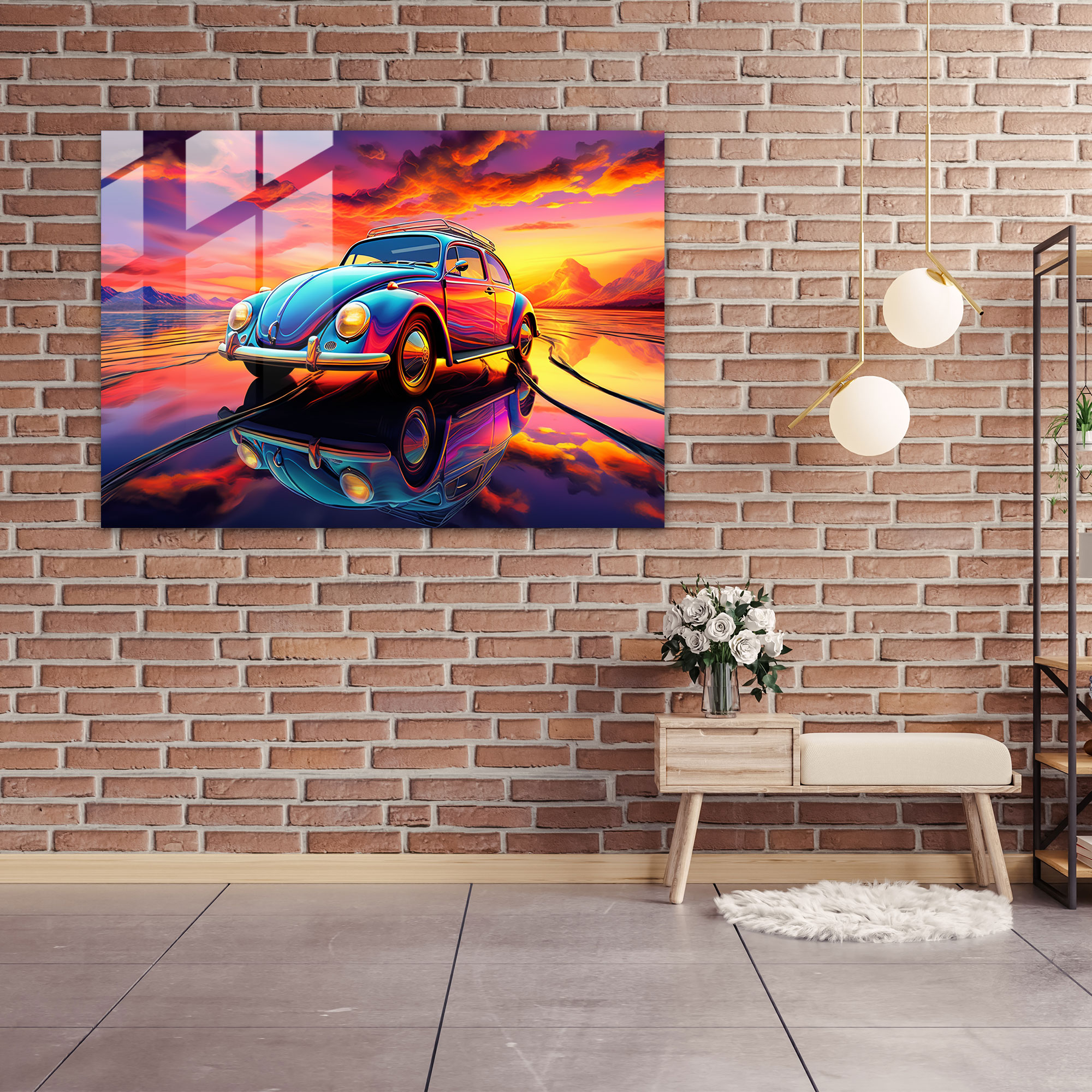 Futuristic Volkswagen Beetle Glass Print - Volkswagen Beetle, Dreamlike, Modern Art, Glass Art