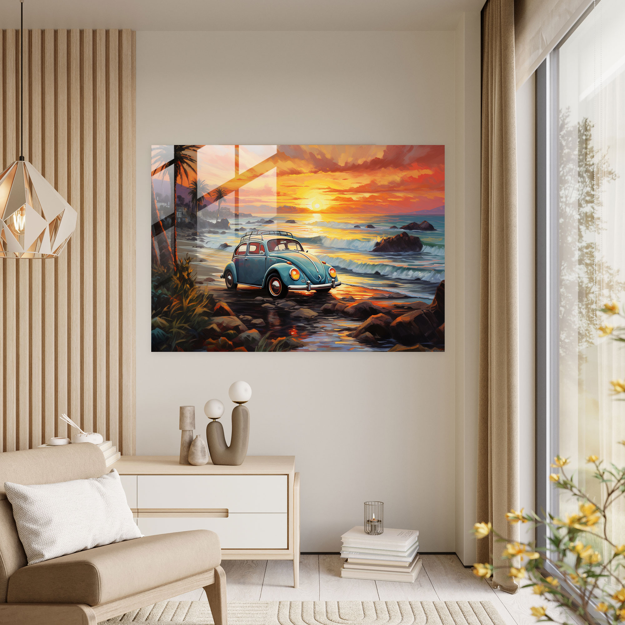 Sunset Volkswagen Beetle Glass Wall Art - Volkswagen Beetle, Modern Art, Glass Wall Art, Oil Painting