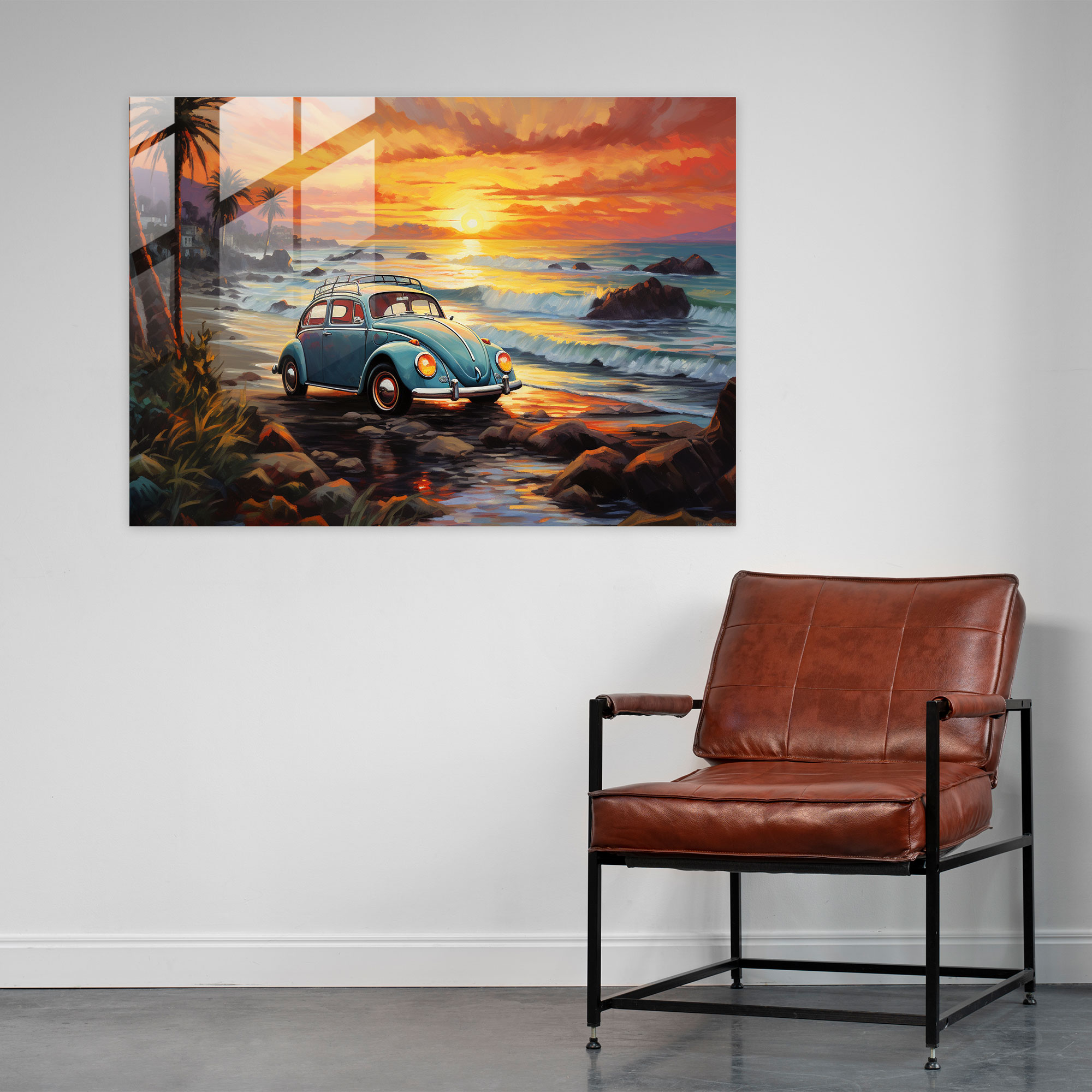 Sunset Volkswagen Beetle Glass Wall Art - Volkswagen Beetle, Modern Art, Glass Wall Art, Oil Painting