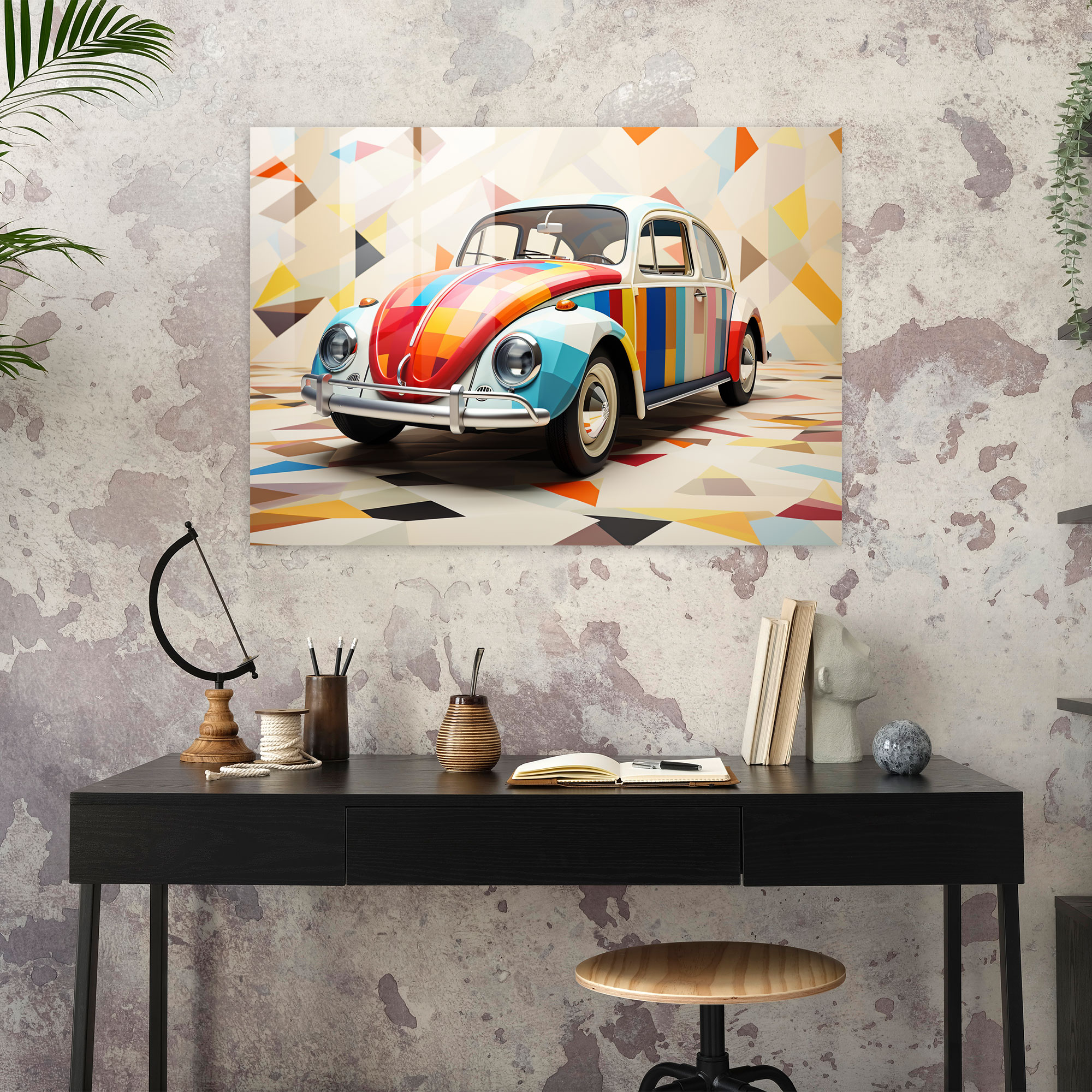 Abstract Volkswagen Beetle Glass Print - Volkswagen Beetle, Glass Art, Glass Wall Art, Volkswagen Beetle