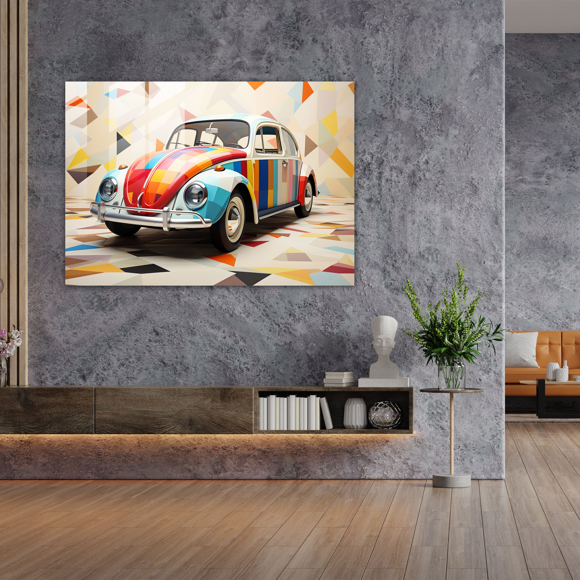 Abstract Volkswagen Beetle Glass Print - Volkswagen Beetle, Glass Art, Glass Wall Art, Volkswagen Beetle