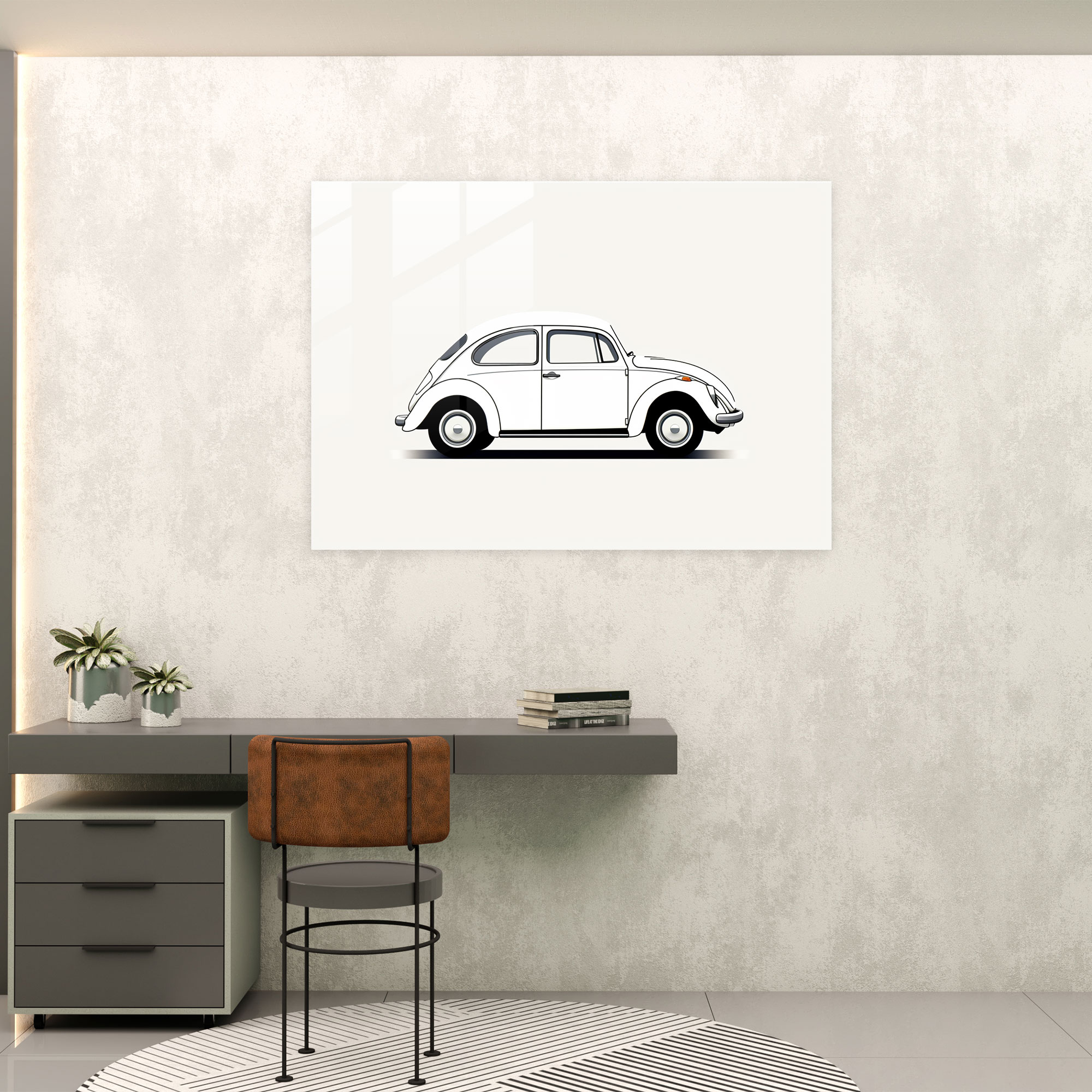 Minimalist Volkswagen Beetle Glass Print - Volkswagen Beetle, Minimalist Art, Glass Wall Art, Home Decoration