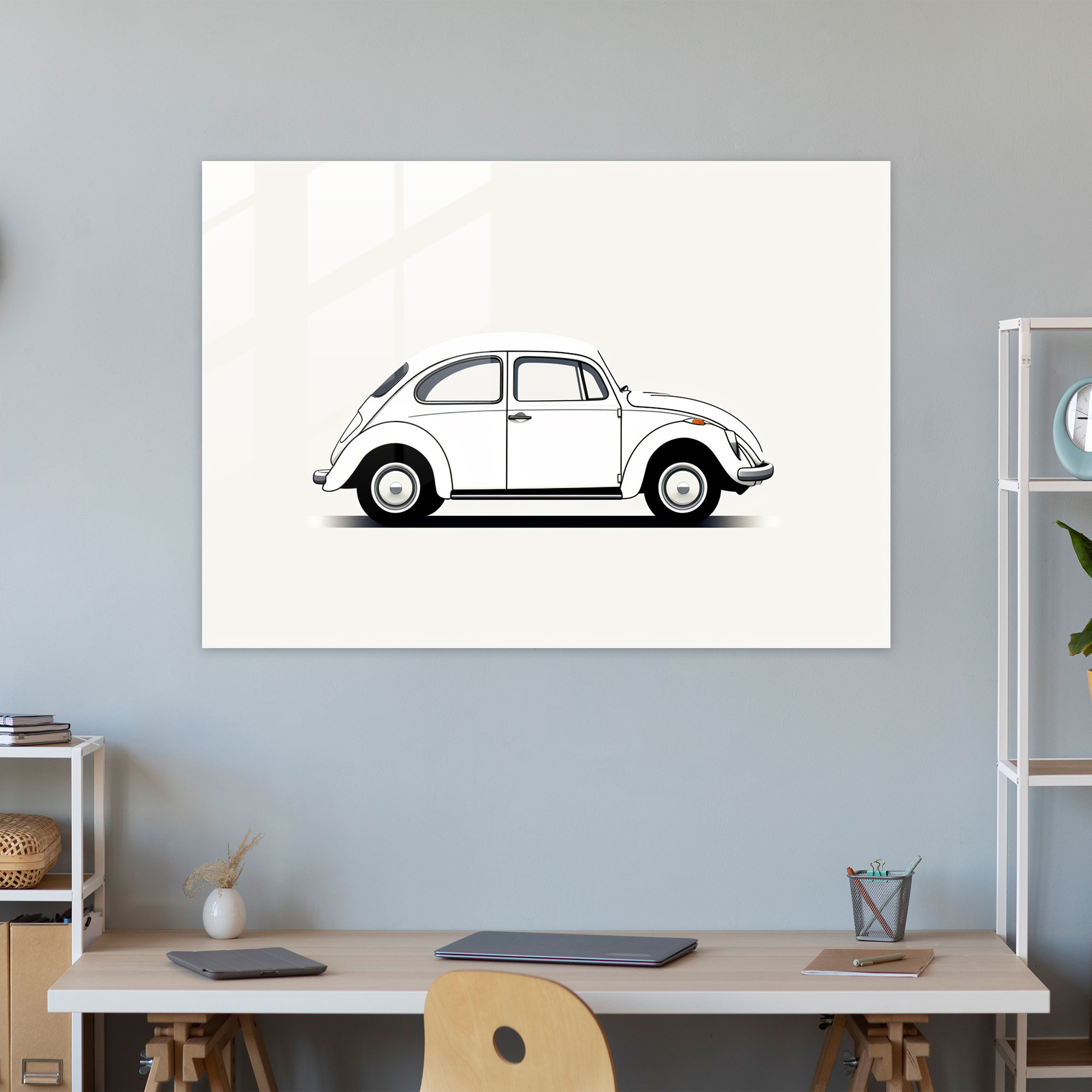 Minimalist Volkswagen Beetle Glass Print - Volkswagen Beetle, Minimalist Art, Glass Wall Art, Home Decoration