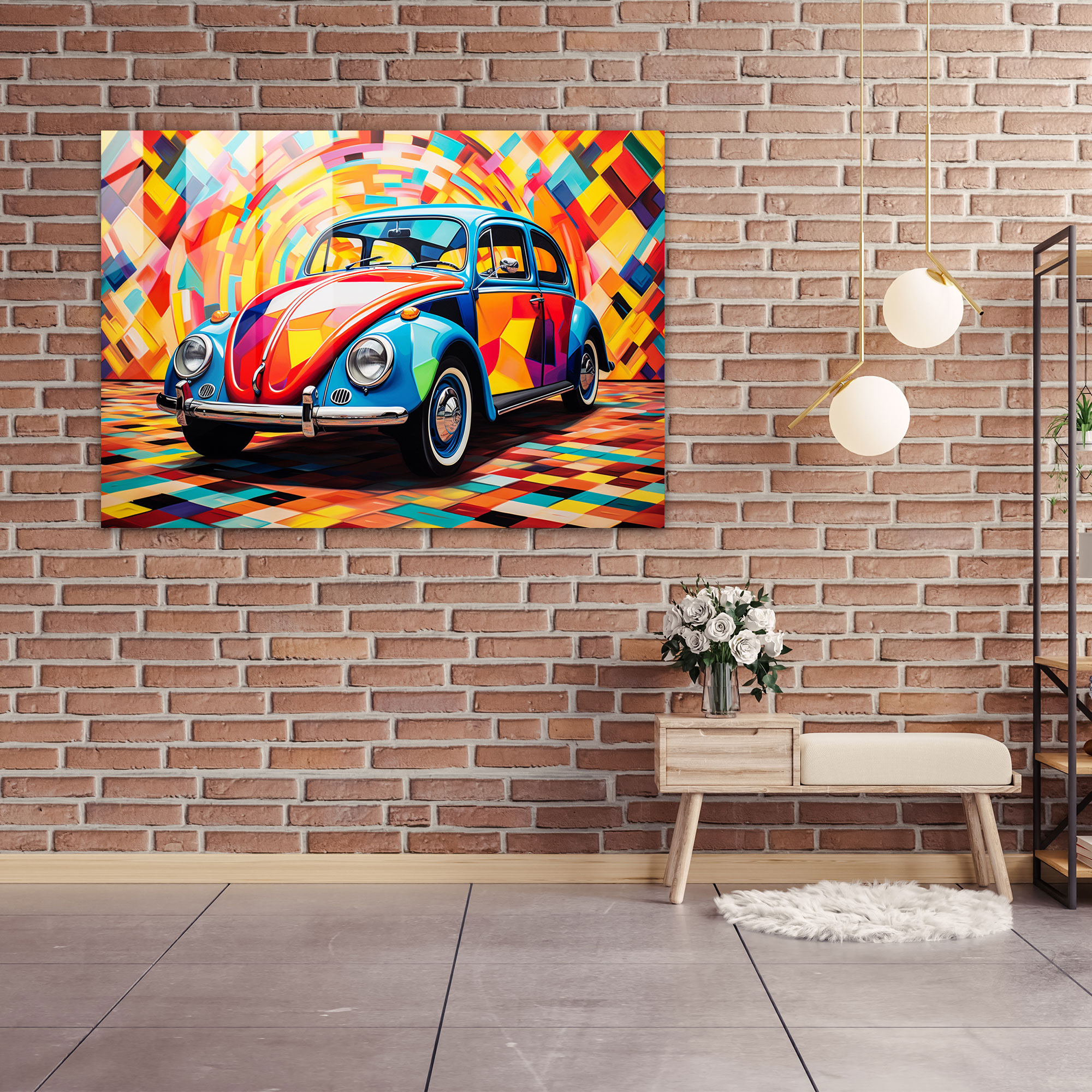 Volkswagen Beetle Glass Wall Art - Volkswagen Beetle, Glass Print, Vibrant Patterns, Glass Art