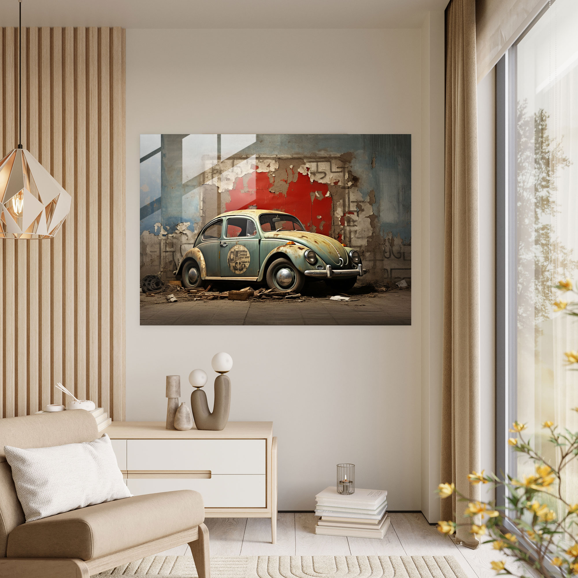 Volkswagen Beetle Glass Print - Volkswagen Beetle, Contemporary Mixed Media Artwork, Glass Print, Glass Art