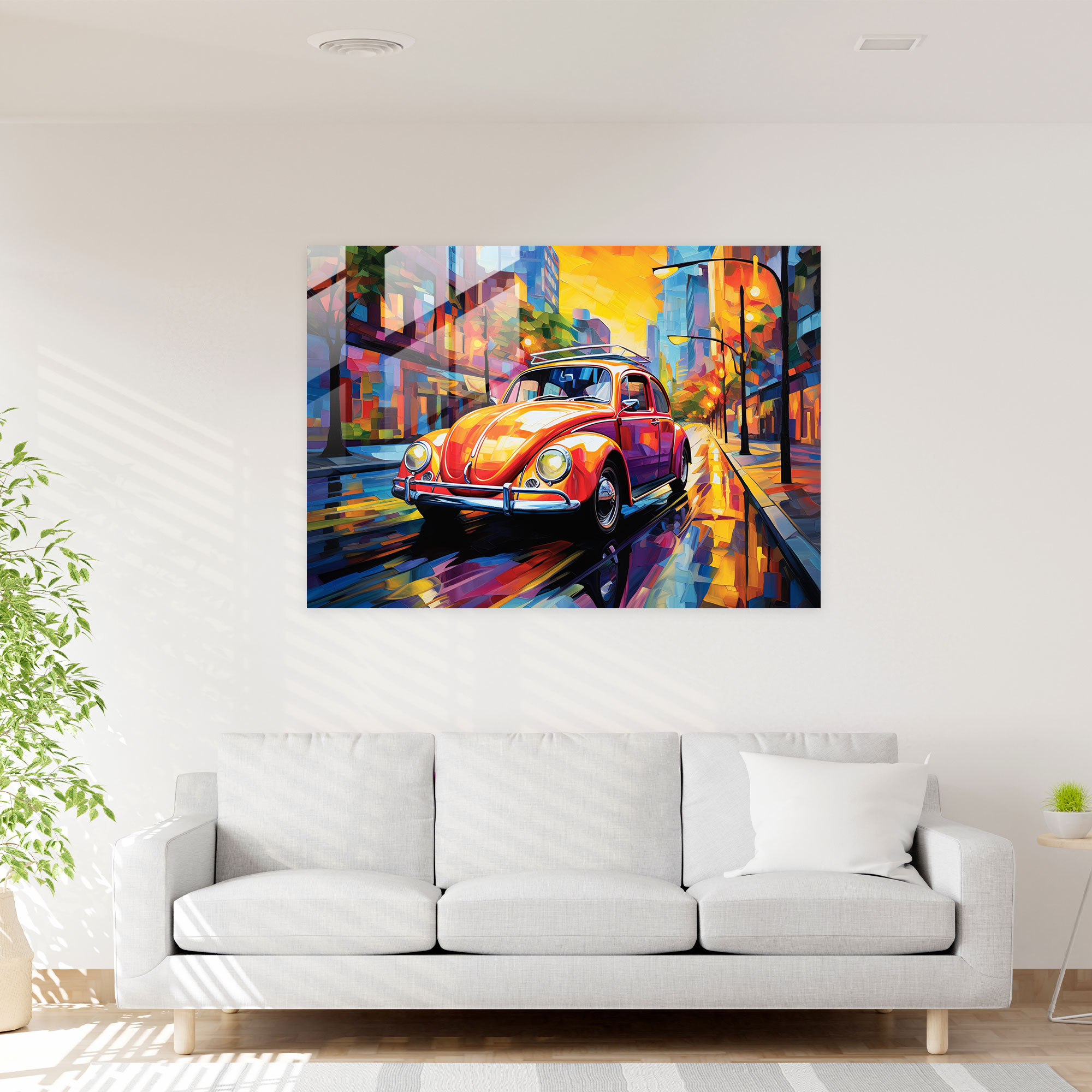 Volkswagen Beetle Glass Print - Volkswagen Beetle, Modern Art, Sunset, Glass Wall Art