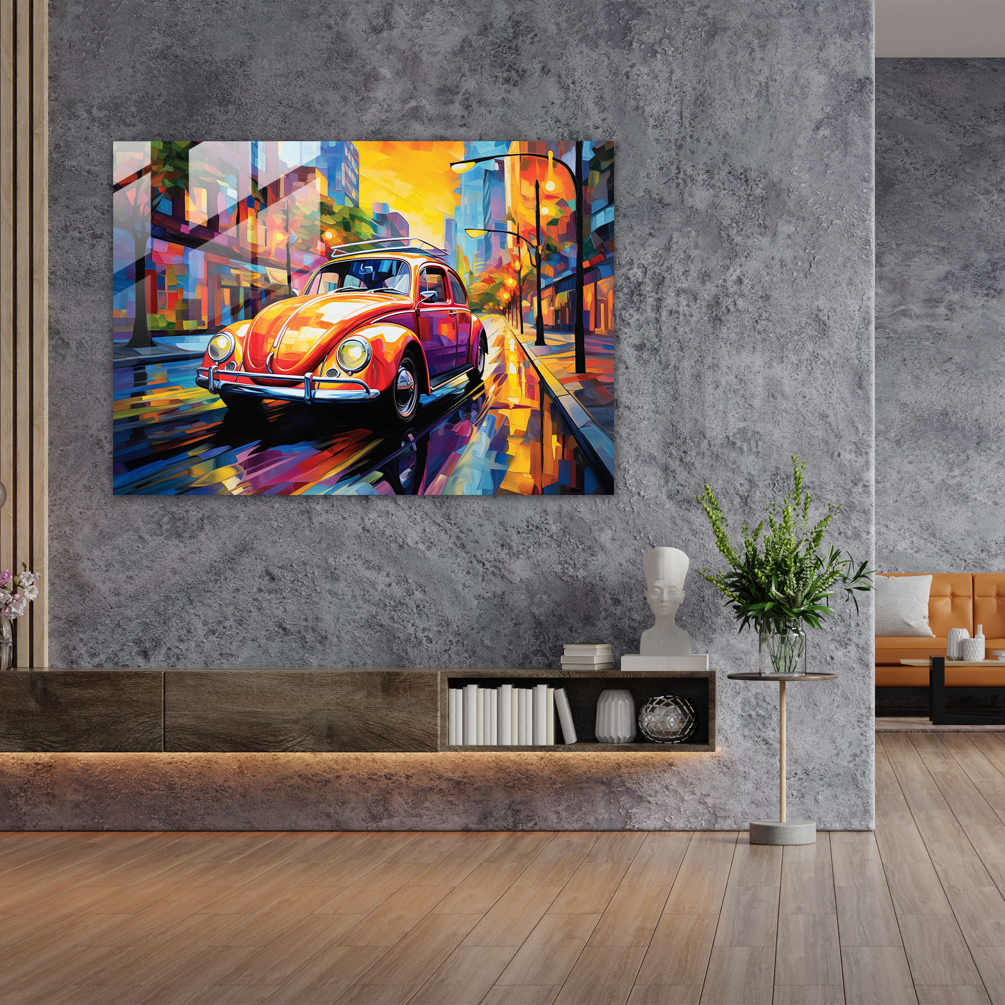 Volkswagen Beetle Glass Print - Volkswagen Beetle, Modern Art, Sunset, Glass Wall Art