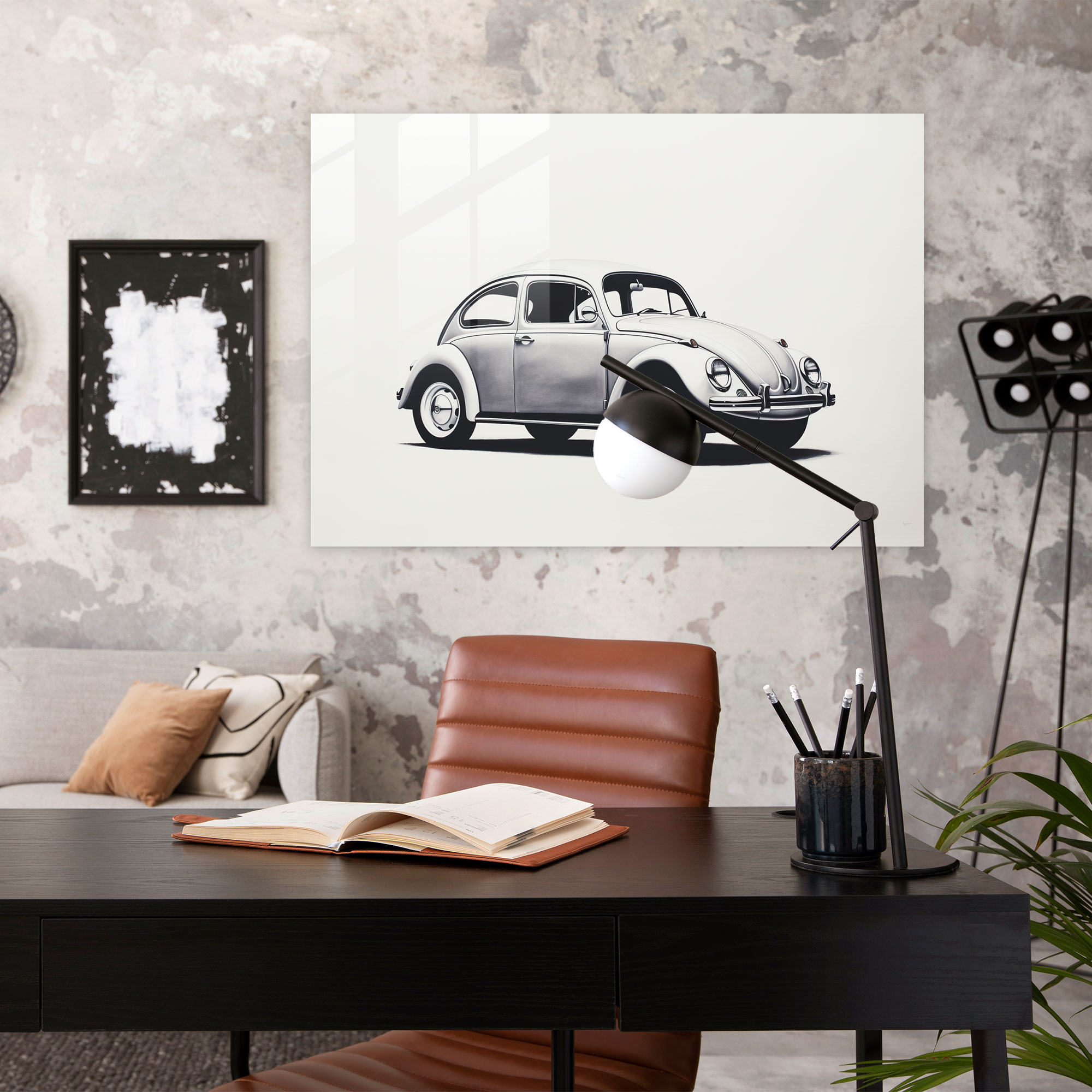 Volkswagen Beetle Minimalist Glass Print - Volkswagen Beetle, Modern Art, Minimalist, Elegance
