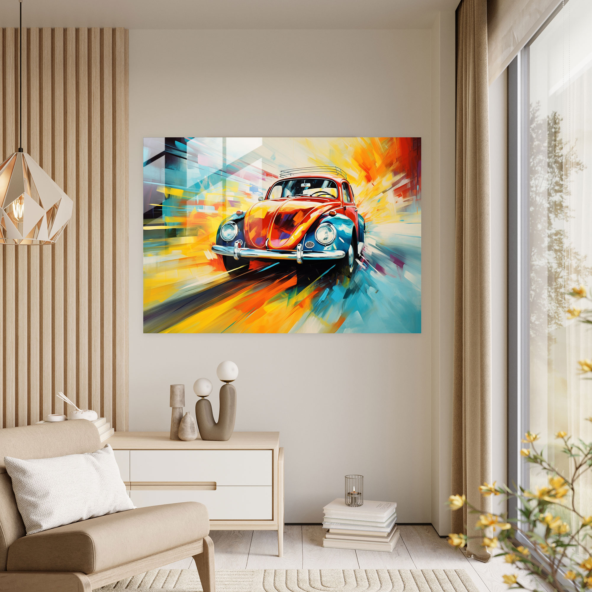 Volkswagen Beetle Impressionistic Glass Print - Volkswagen Beetle, Impressionistic, Motion, Home Decoration