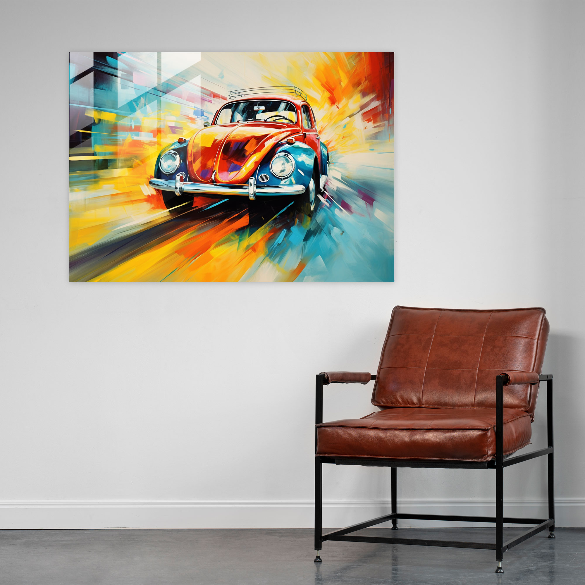 Volkswagen Beetle Impressionistic Glass Print - Volkswagen Beetle, Impressionistic, Motion, Home Decoration