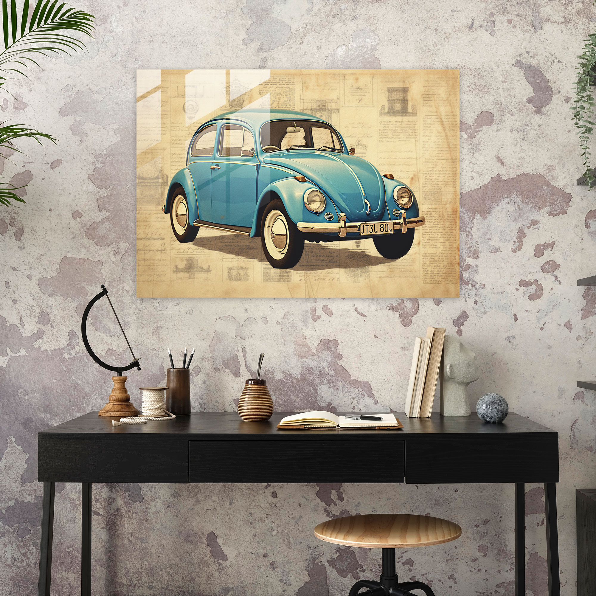 Volkswagen Käfer Retro Glasbild - Vintage Design