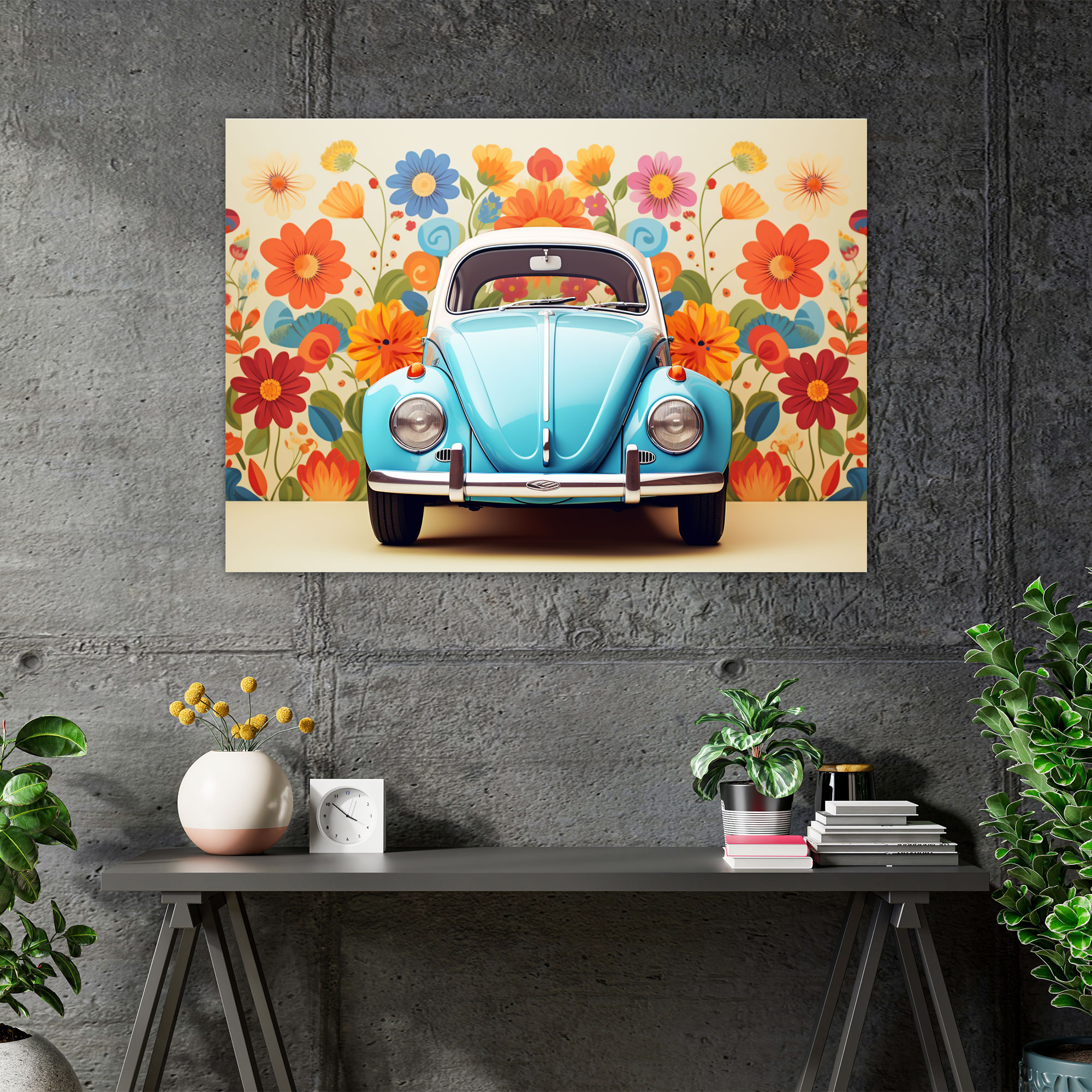 Volkswagen Käfer Wandbild - Grafikdesign mit bunten Blumen im Retro-Stil